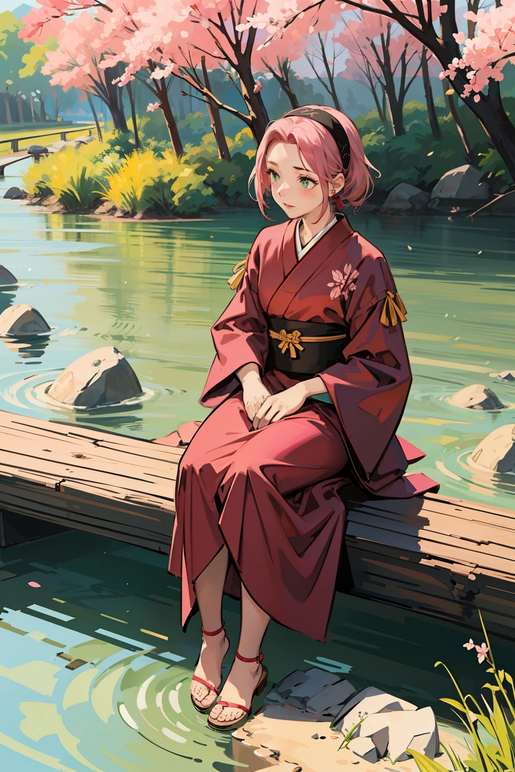 Illustration, line art, Line weight,1girl,haruno sakura,pink hair, green eyes,dark red dress, sitting beside river, golden ratio composition,sakura,shinobi headband,flat color,full body,