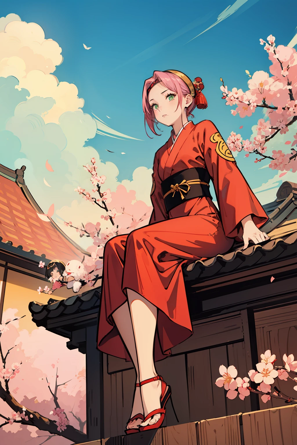 Illustration, line art, Line weight,1girl,haruno sakura,pink hair, green eyes,dark red dress, sitting on top of Chinese traditional house, looking at sky,from below, golden ratio composition,sakura,shinobi headband,flat color,full body,