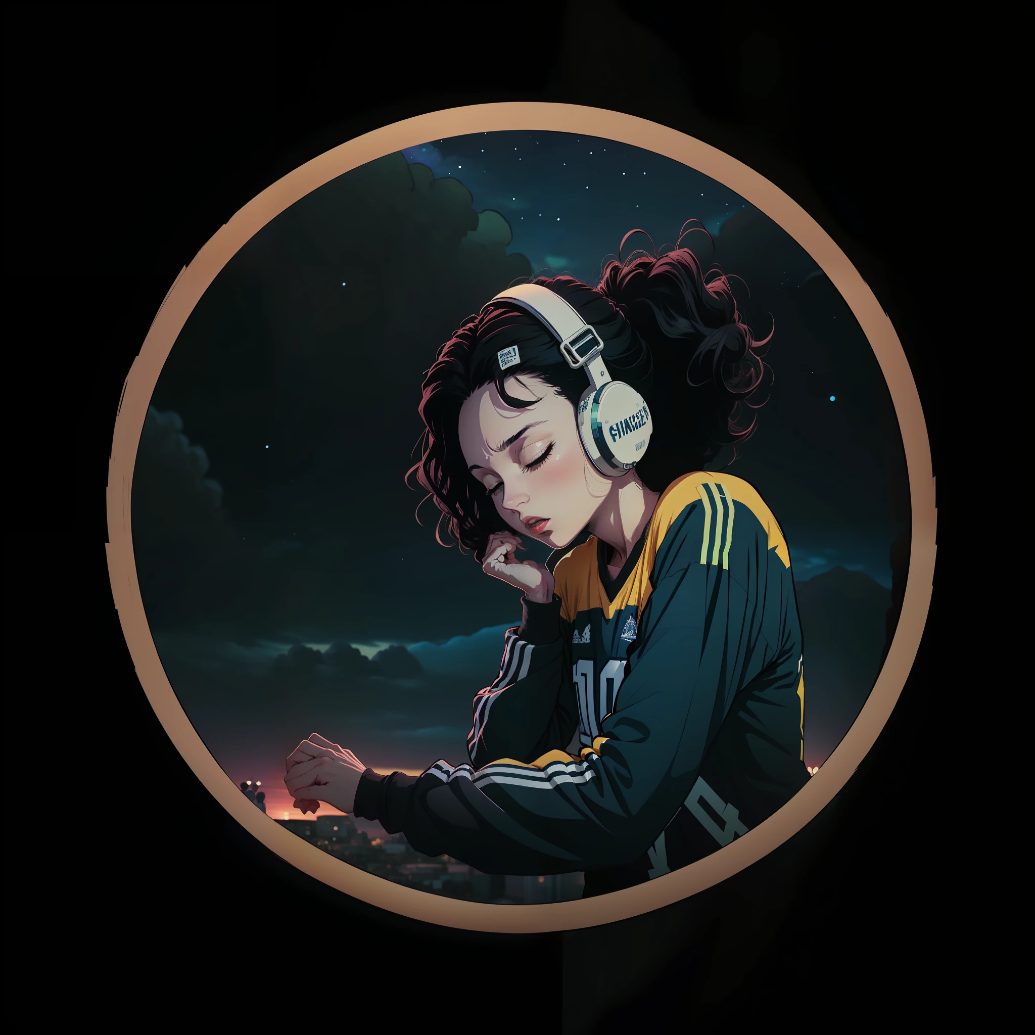 Lofi gerl Morena or black with curly hair with two arms and two hands the shirt of the football team of the Brazilian national team yellow, green, blue and white in variations of body poses, with the sky behind the starry night of vangoge