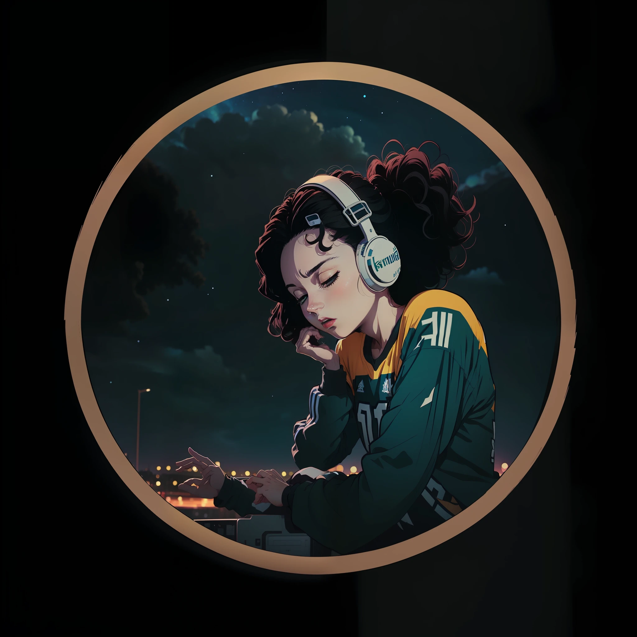 Lofi gerl Morena or black with curly hair with two arms and two hands the shirt of the football team of the Brazilian national team yellow, green, blue and white in variations of body poses, with the sky behind the starry night of vangoge