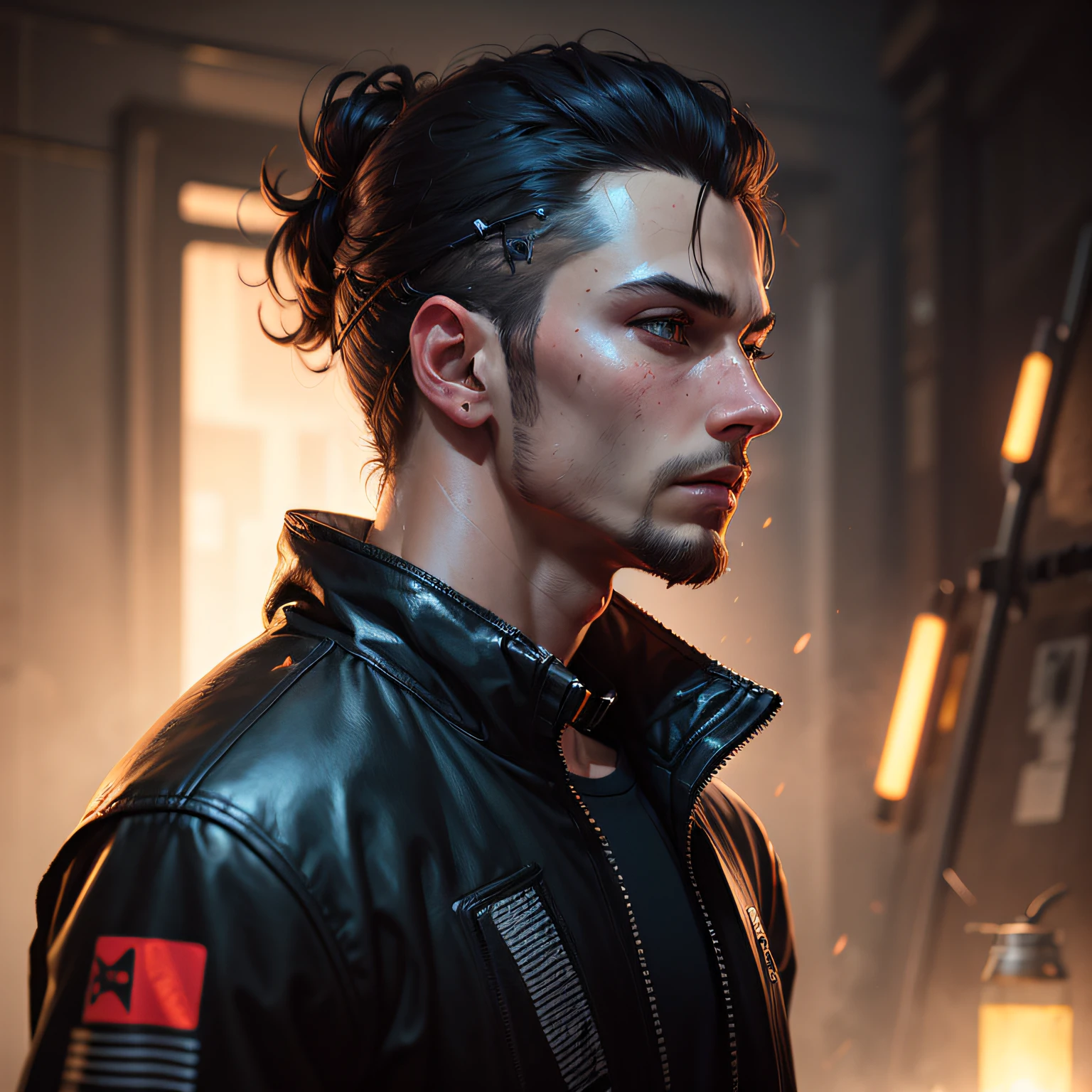 Male front, wearing cyberpunk streetwear intricate, beautiful, sad, detailed portrait, shaded cell, 8K, concept art, by Wlop, Greg Rutkowski, Pixiv. cinematic dramatic atmosphere, sharp focus, volumetric lighting, cinematic lighting, studio quality,
