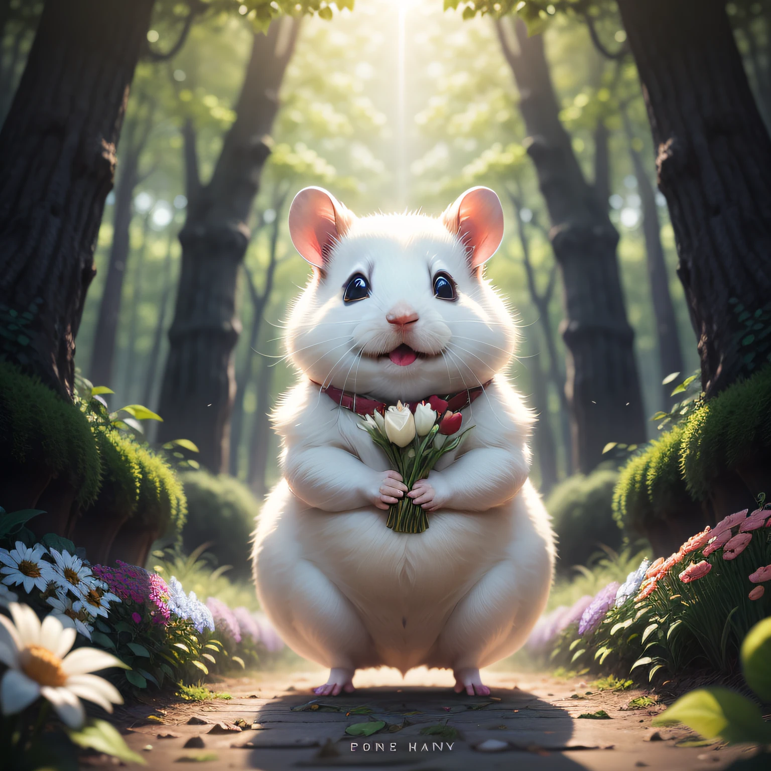 Max Quality, Obra-prima, White coat, Fat female white hamster, リボン, pinecone, I have flowers on my head, かわいい, ancient forest, flower fields, (full body), rays of sun, looking at the camera, I have a bouquet in my hand, bright pupils, cowboy shot, symmetry, first-person view, 85mm, f/1.2, foreshortening