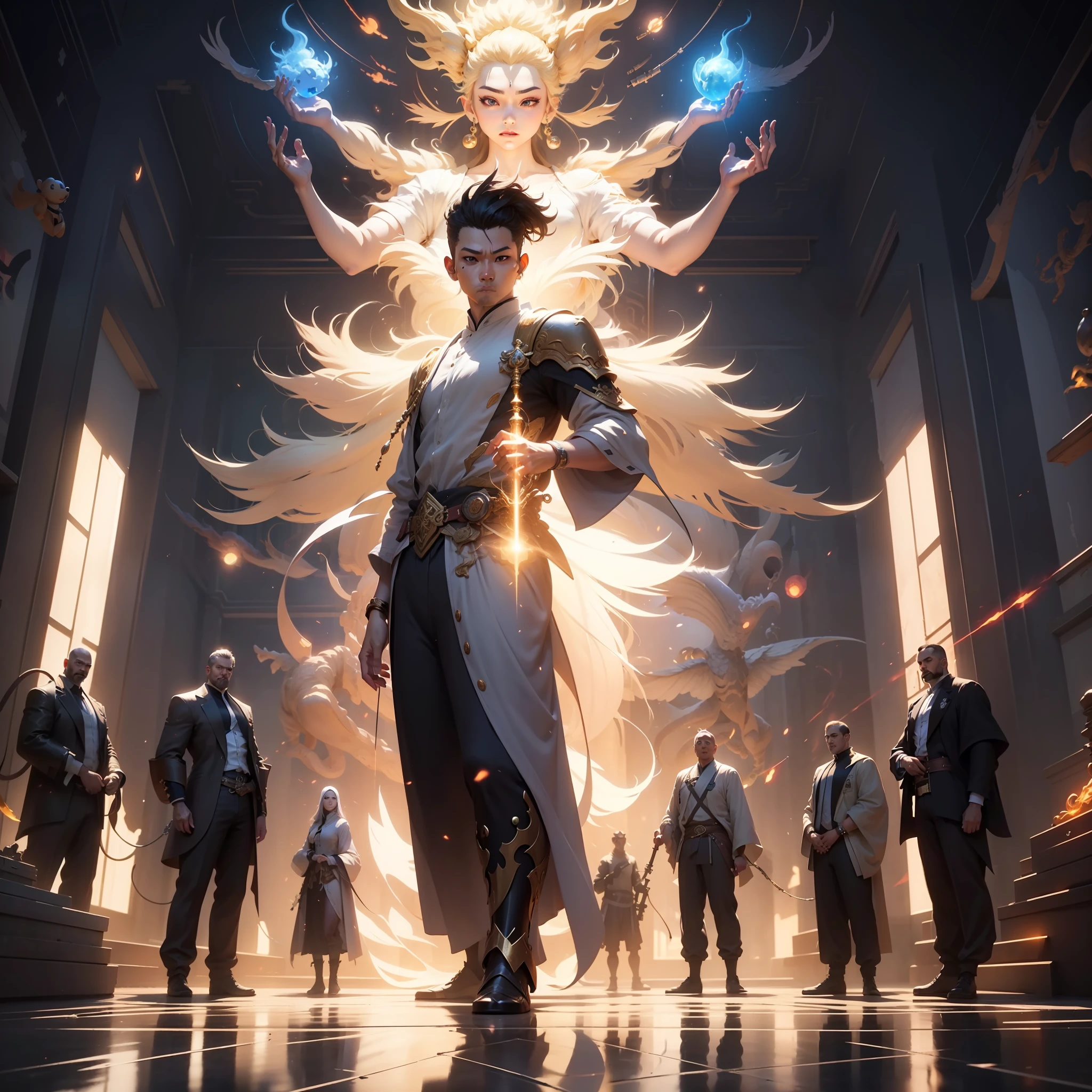 A Disney character levitates in front of a golden glowing phasang, showing weapons, projecting giant ghosts, PlayStation 5 screenshots, Fenghua zhong, Kazuki takamatsu yeong-hao han, (masterpiece: 1.2), Divine Light, Looking at the Camera, 3D rendering, 8K, best quality