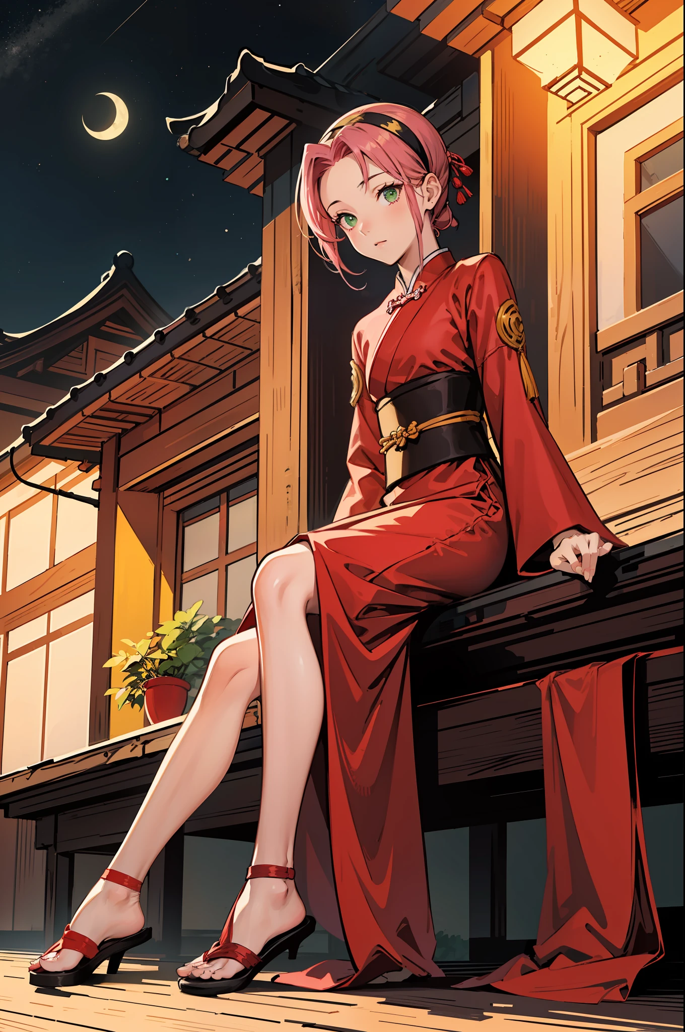 Illustration, line art, Line weight,1girl,haruno sakura,pink hair, green eyes,dark red dress, sitting on top of Chinese traditional house, looking at sky,from below, golden ratio composition,sakura,shinobi headband,flat color,full body,((night))