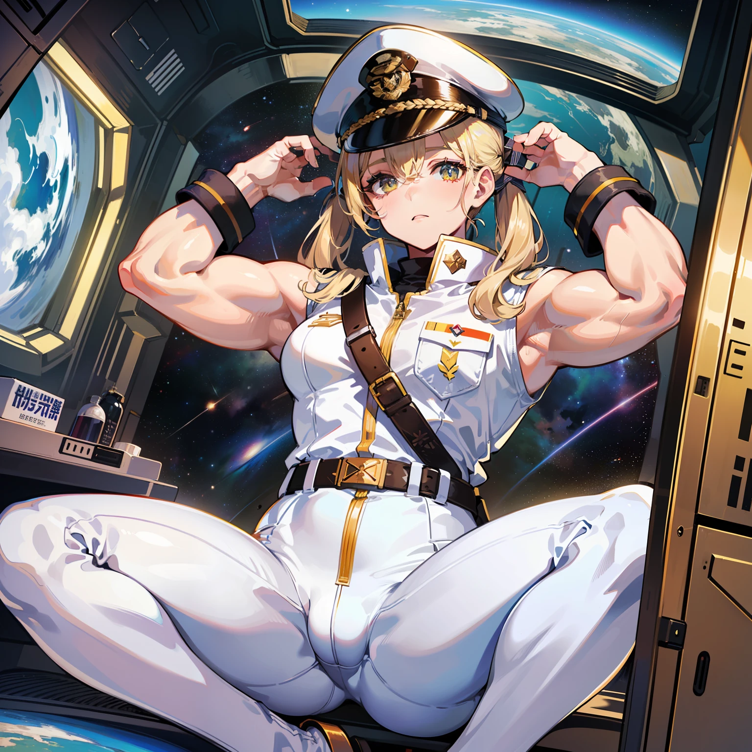 ((Masterpiece)), ((Highest Image Quality)), (((Best Quality)), (Illustration of One Girl), Full Body, 25 Years Old, (Neutral)), ((Blonde Twin Tails)), Light Golden Eyes, (Tall)), (Muscular Strong Body)), ((Muscular and Thick Body)), ((Muscular and Thick Arms)), ((Muscular and Thick Legs)), (Manspreading)), Open Legs, (((Army Uniform)), (Army Hat)), (((Army Coat)), (white clothes), (white pants), (white hat), trench coat, ((inside the spaceship, sitting in the captain's seat)), (outside the window, space, Earth seen from space, spaceport)
