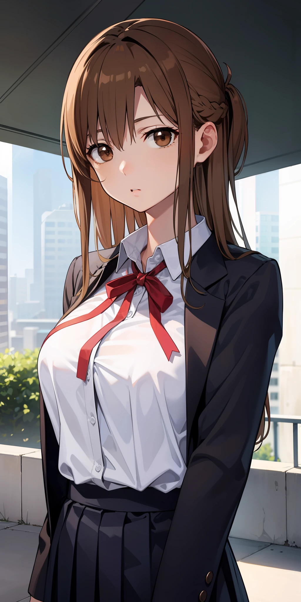 asunayuuki, asuna yuuki, long hair, brown hair, (brown eyes:2),
BREAK skirt, shirt, long sleeves, ribbon, school uniform, jacket, white shirt, red ribbon, black jacket, closed jacket, neck ribbon,
BREAK outdoors, city,
BREAK looking at viewer, BREAK (masterpiece:1.2), best quality, high resolution, unity 8k wallpaper, (illustration:0.8), (beautiful detailed eyes:1.6), extremely detailed face, perfect lighting, extremely detailed CG, (perfect hands, perfect anatomy), big breast