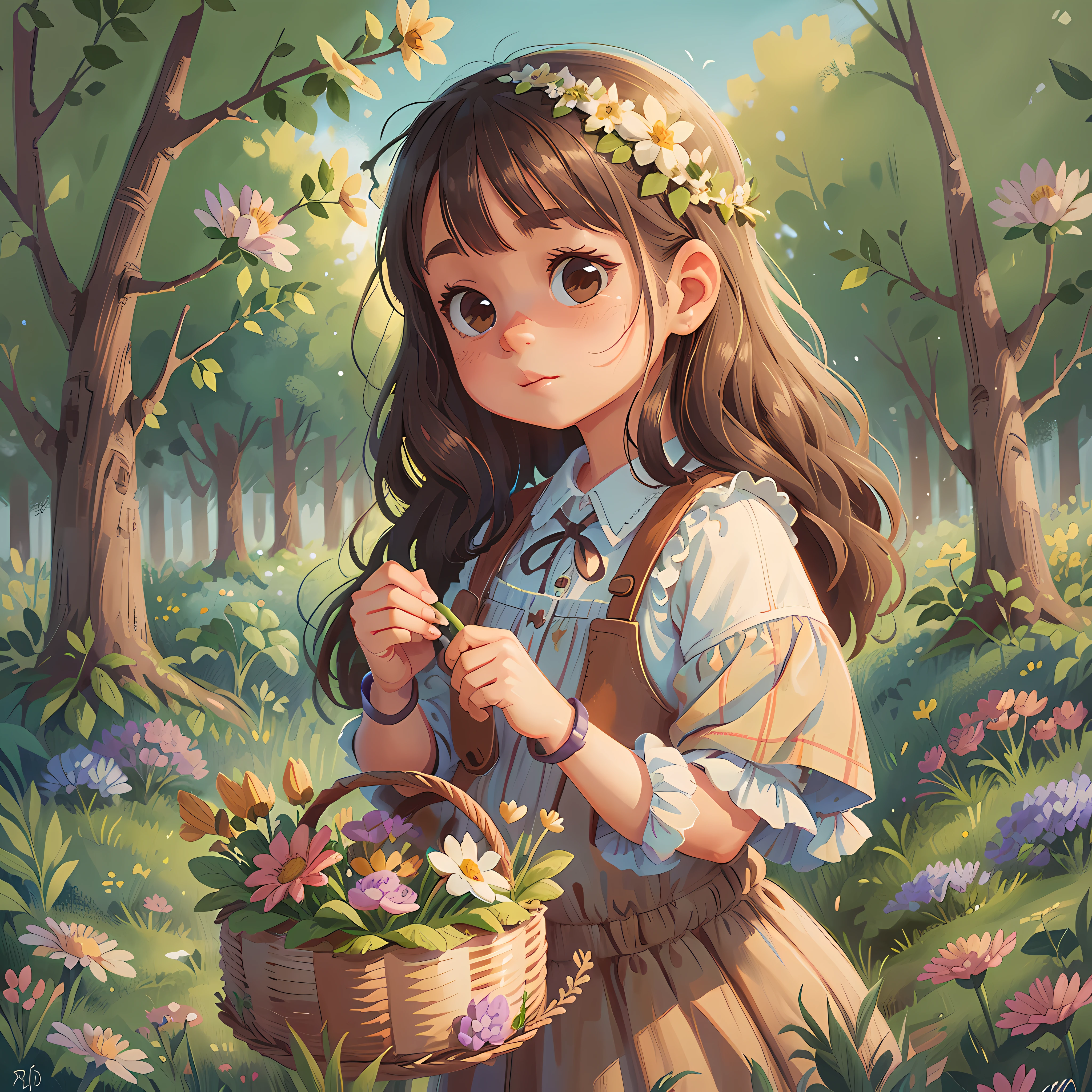 Tip: A very charming little girl with a basket of flowers, enjoying a lovely spring surrounded by beautiful green flowers and nature. The illustration is a high-definition illustration in 4K resolution with highly detailed facial features and cartoon-style visuals.