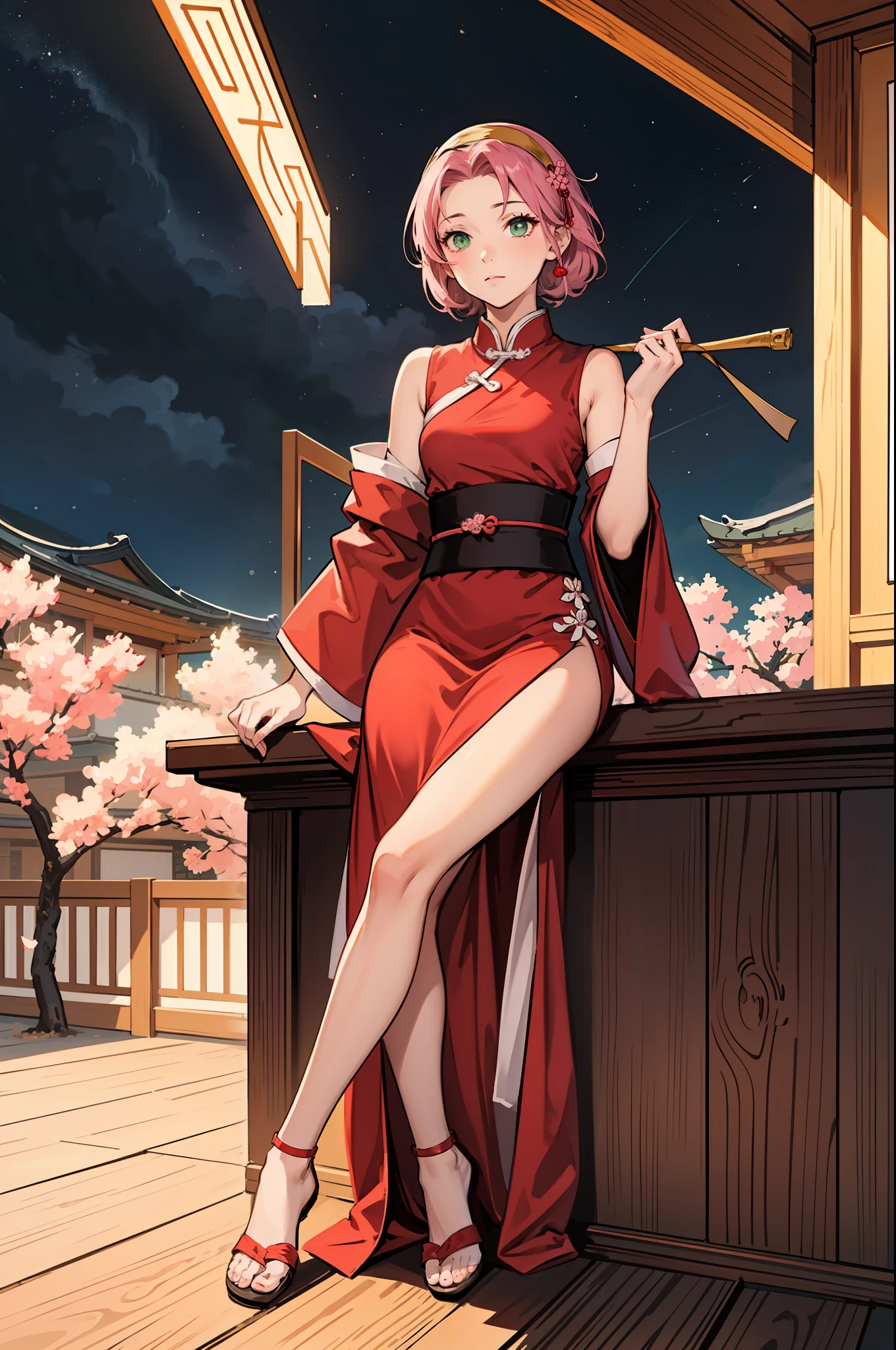 Illustration, line art, Line weight,1girl,haruno sakura,pink hair, green eyes,dark red dress, sitting on top of Chinese traditional house, looking at sky,from below, golden ratio composition,sakura,shinobi headband,flat color,full body,((night))