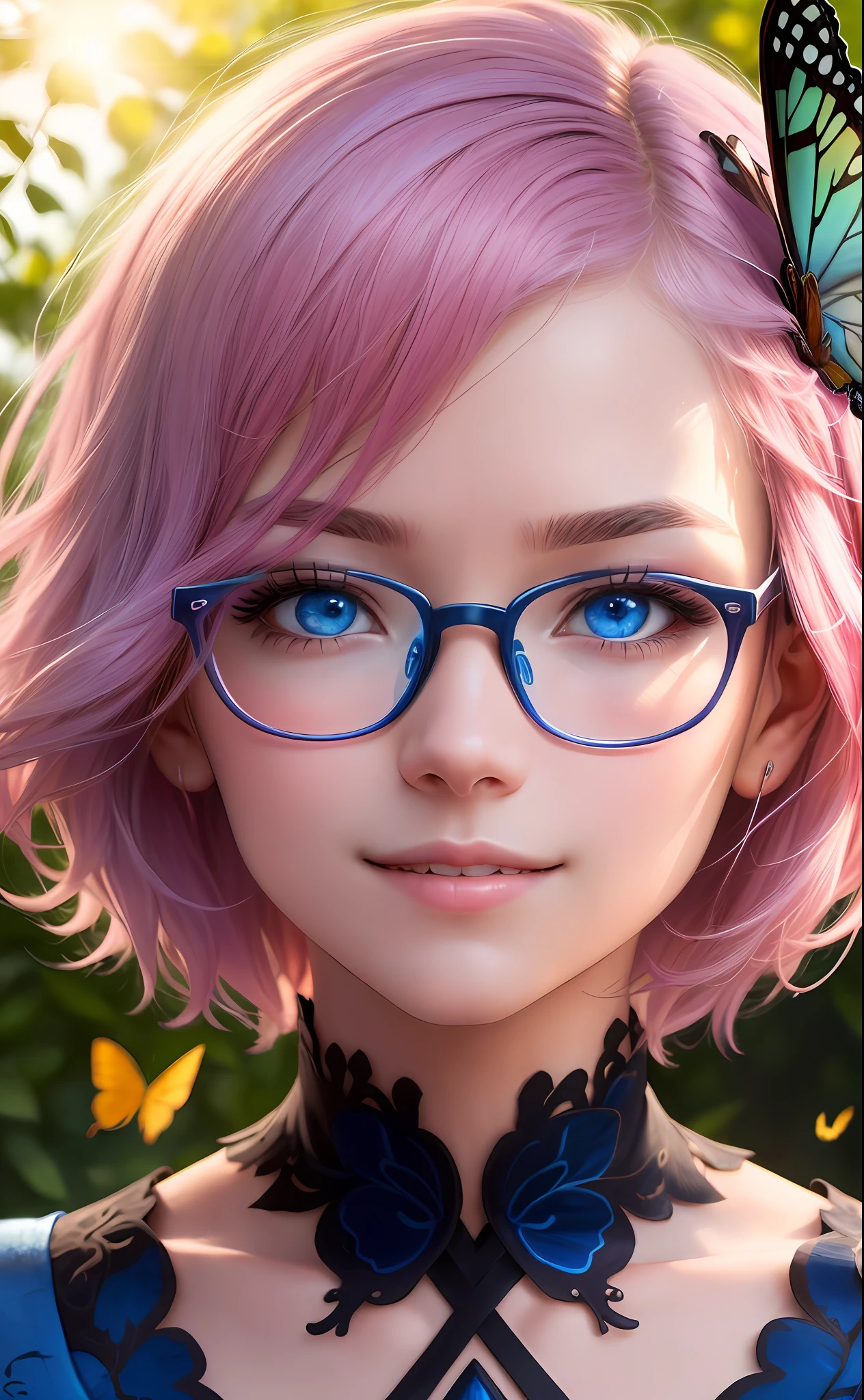 (high resolution, high lighting, 4k), blue rimmed glasses, long face, 1 girl, face, detailed face, blue eyes, garden, very short hair, fury pink hair, she has a butterfly on her head, face closeup, midday sun, smile, :), look at the viewer, close-up intensity, blue dress, eyes half closed,