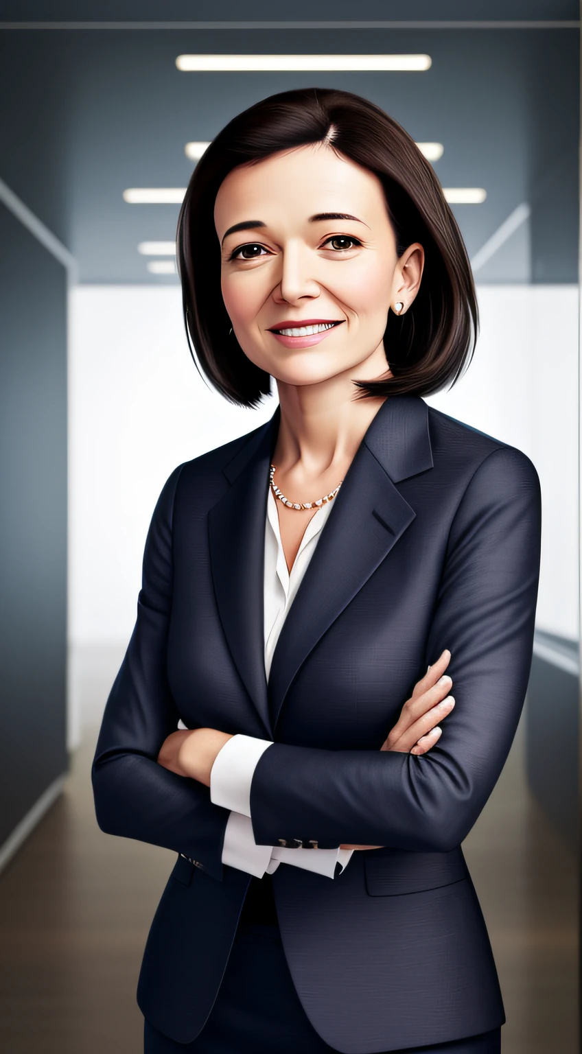 1woman, middle-age female, very Sheryl Sandberg, black suits, beautiful skin, smile, confident, convincing, serious, portrait, front look, illustration --auto