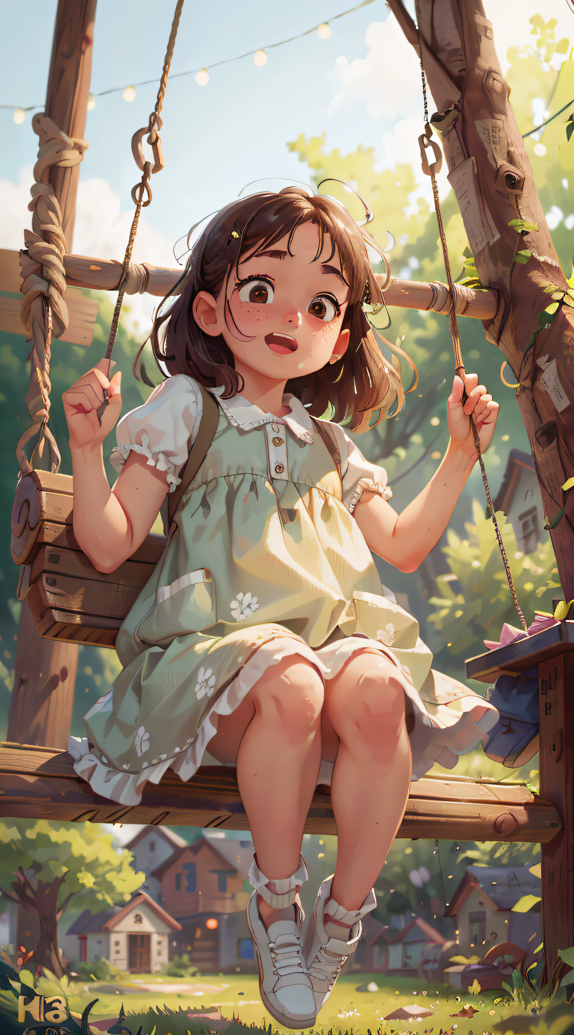 Girl, swing, Perfect quality, clear focus (clutter - home: 0.8), (masterpiece: 1.2) (Realistic: 1.2) (Bokeh) (Best quality) (Detailed skin: 1.3) (Intricate details) (8K) (Detail eyes) (Sharp focus), (Happy)