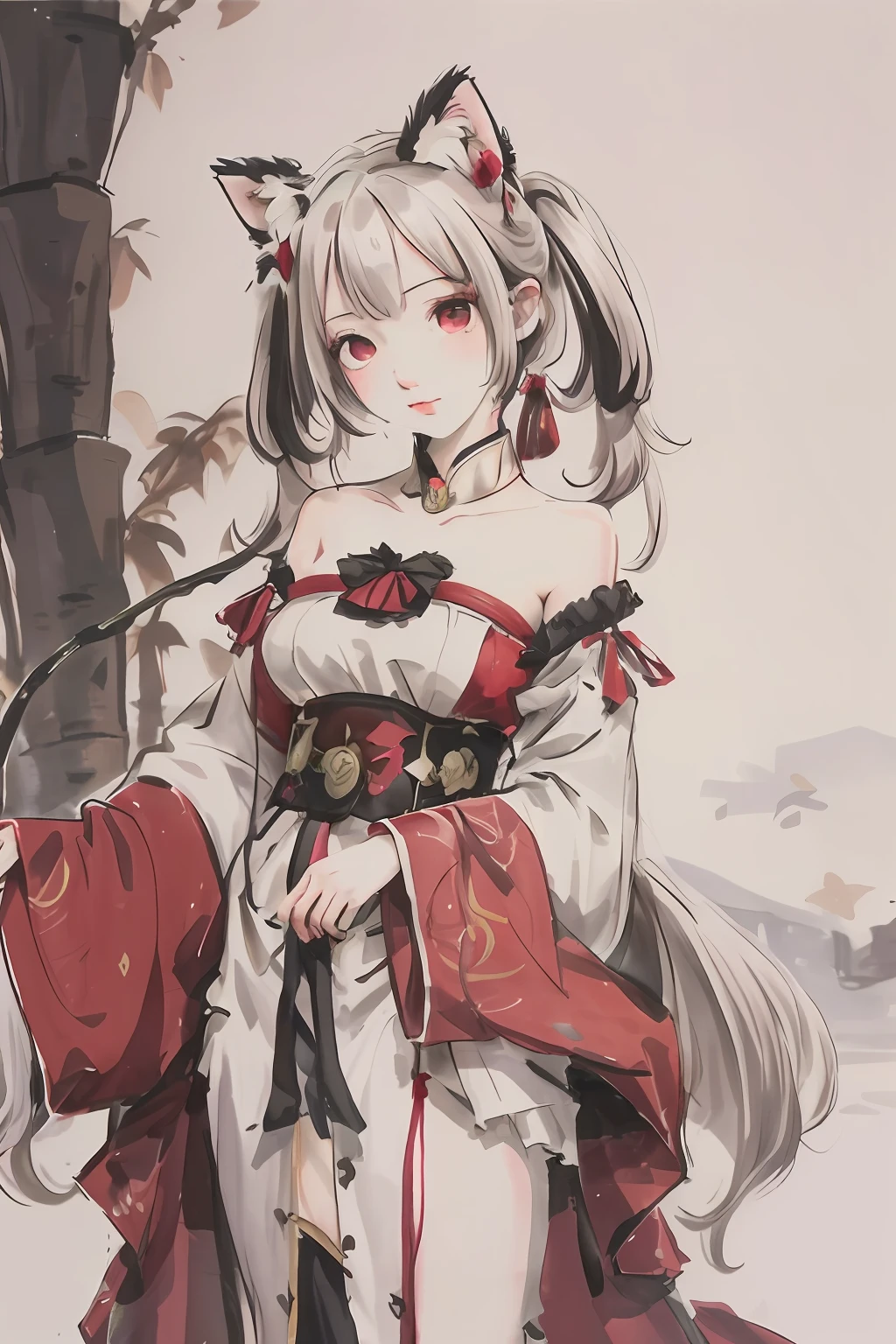 shukezouma, negative space, shuimobysim, 1girl, animal ears, cat ears, cat tails, twintails, twin_tail, bunches, (light white hair), (long hair), (red eyes), medium_breasts, woman, bare shoulders, (ecchi0. 5), lips, splashes, (tree: 0.5), (flower: 0.6), (bird: 0.2), (bamboo 0.1), lake, Hangzhou, Bo Nian, Bo Nian background