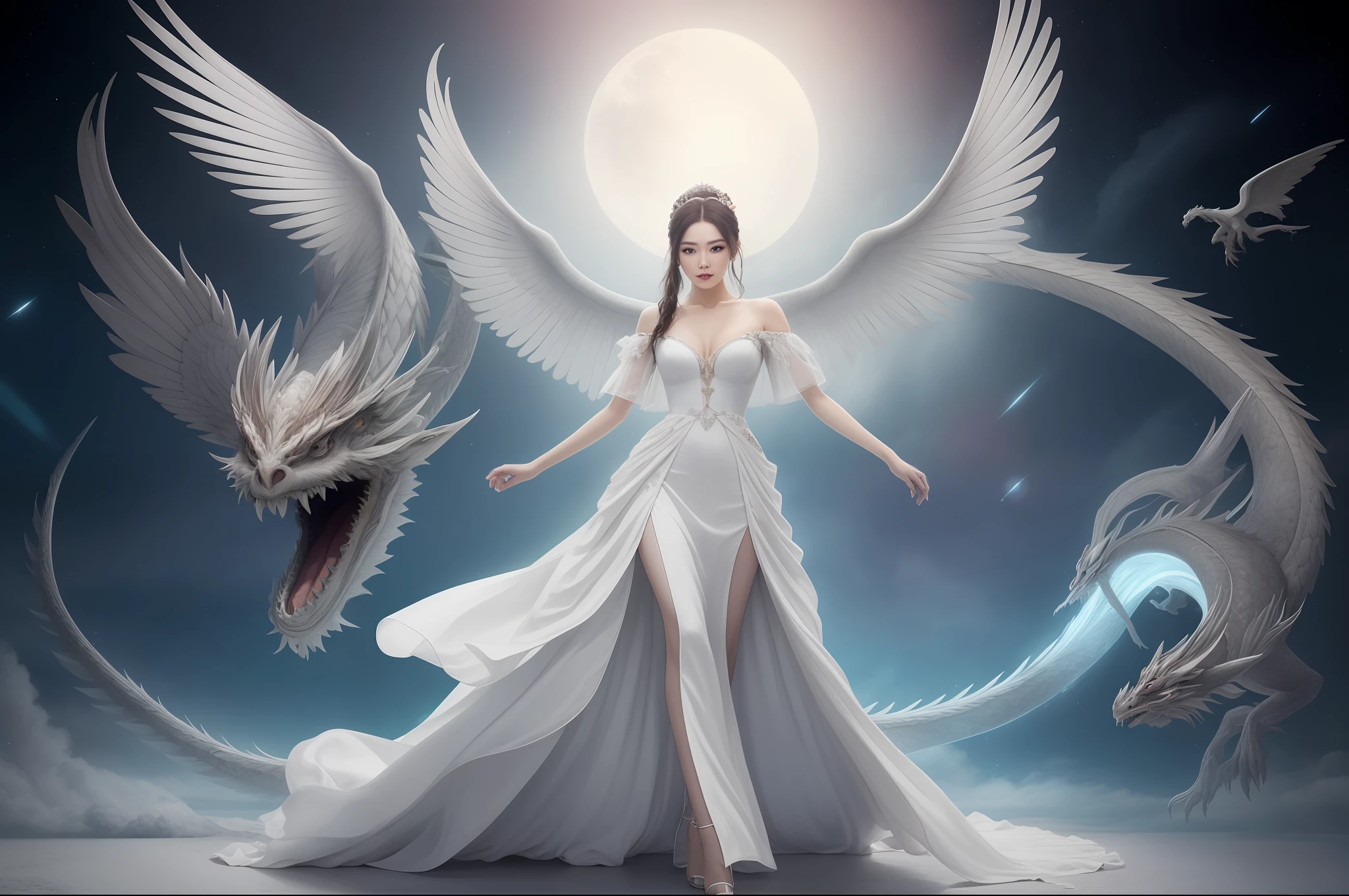 In a captivating image, an elegant woman clad in a white Chinese gown glides through the sky atop a mythical Chinese dragon. As they traverse the heavens, her flowing gown and the dragon's iridescent scales create a mesmerizing vision of harmony and otherworldly beauty. 
hdr, (photorealism, masterpiece quality, best quality), , pureerosface_v1,ulzzang-6500-v1.1,