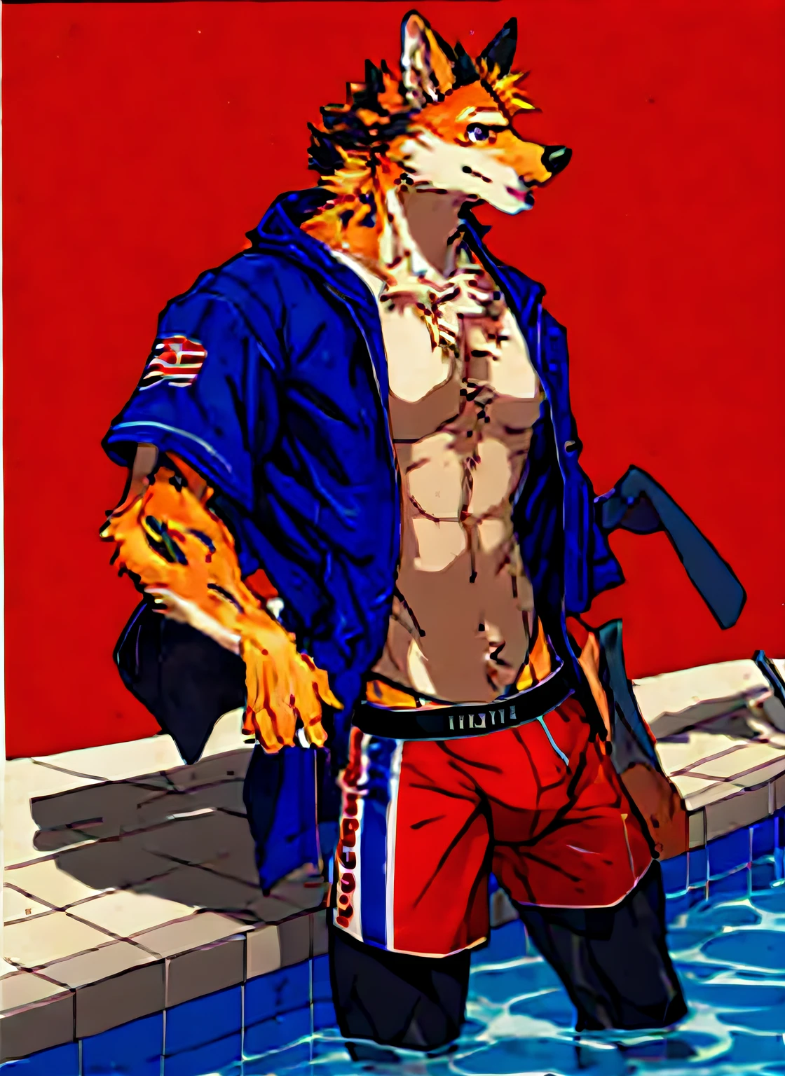 Change your clothes to orange swim briefs and change the background to a pool
