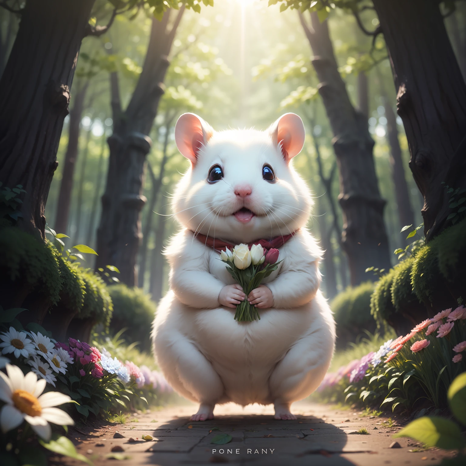 Max Quality, Obra-prima, White coat, Fat female white hamster, リボン, pinecone, I have flowers on my head, かわいい, ancient forest, flower fields, (full body), rays of sun, looking at the camera, I have a bouquet in my hand, bright pupils, cowboy shot, symmetry, first-person view, 85mm, f/1.2, foreshortening