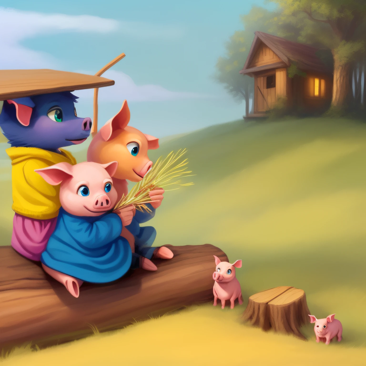 Three piglets leaning together, one with straw, one with a plank, and one sitting on a tree trunk with some grass in the clearing next to it, and a hillside behind it