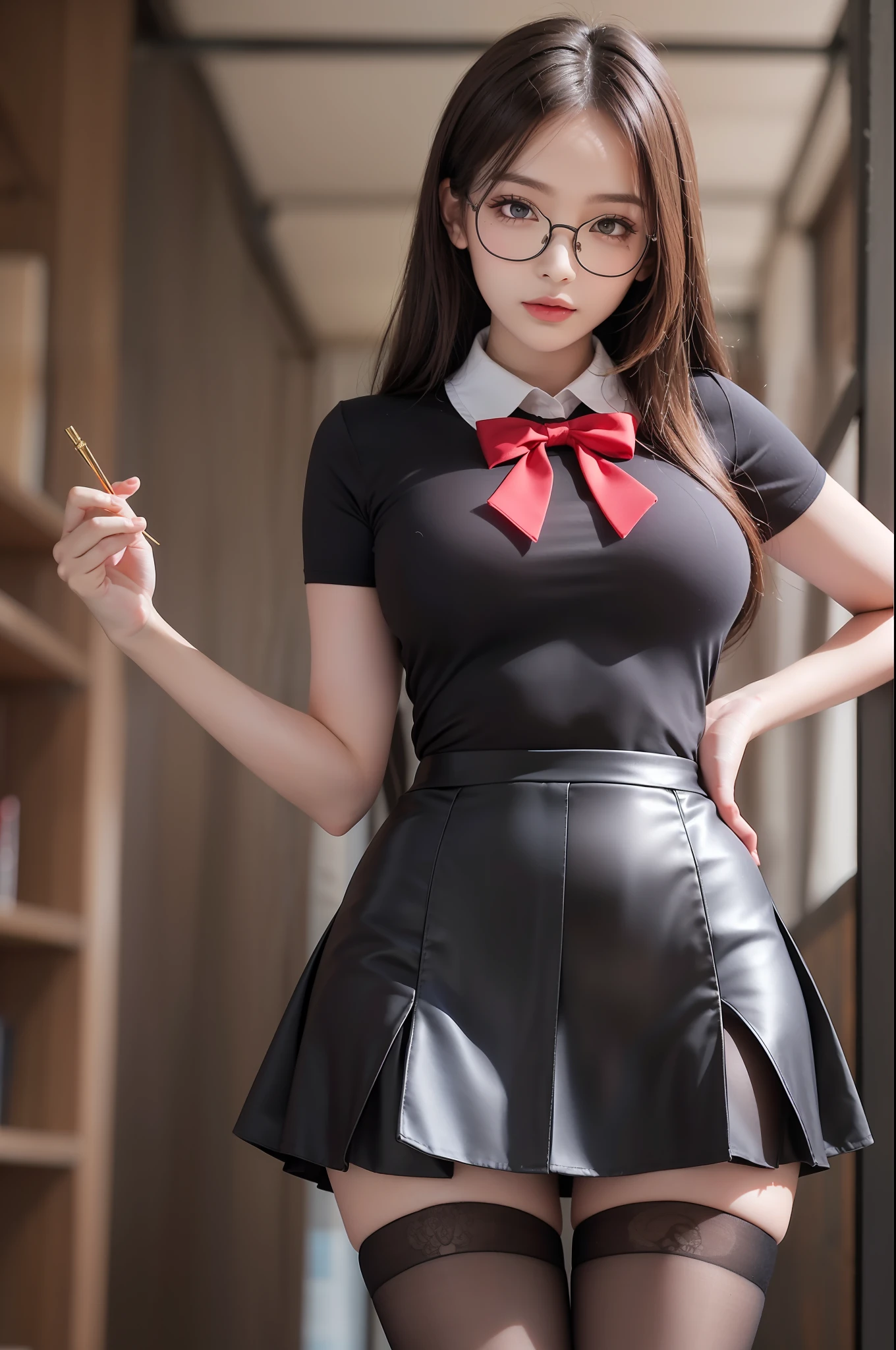 Pretty girl standing, thin legs, high heels on the ground, classroom, (masterpiece:1.3), (8k, photorealistic, RAW photo, best quality: 1.4), (1girl), beautiful face, (realistic face), black hair, long hair, beautiful hairstyle, realistic eyes, pretty detailed eyes, realistic skin, beautiful skin, super high resolution, super realistic, very detailed, golden ratio, cute, cute female teacher, high school girl in jk uniform, surreal high school girl, short skirt, tight skirt, pantyhose, black stockings, full body view, thin arms, big breasts, with gold wire glasses, big breast