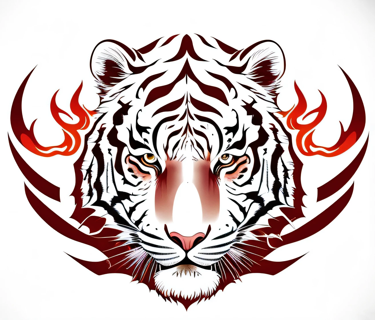 a tiger head with flames on it's face, tiger head, tiger face, tiger, tiger_beast, a tiger, red fire eyes, fire lion, tiger of fire flying, ((tiger)), jaguar head tattoodesign, tribal red atmosphere, highly detailed vector art, sacred tiger, crimson fire head, with symmetrical head and eyes, intricate fire designs, tigers