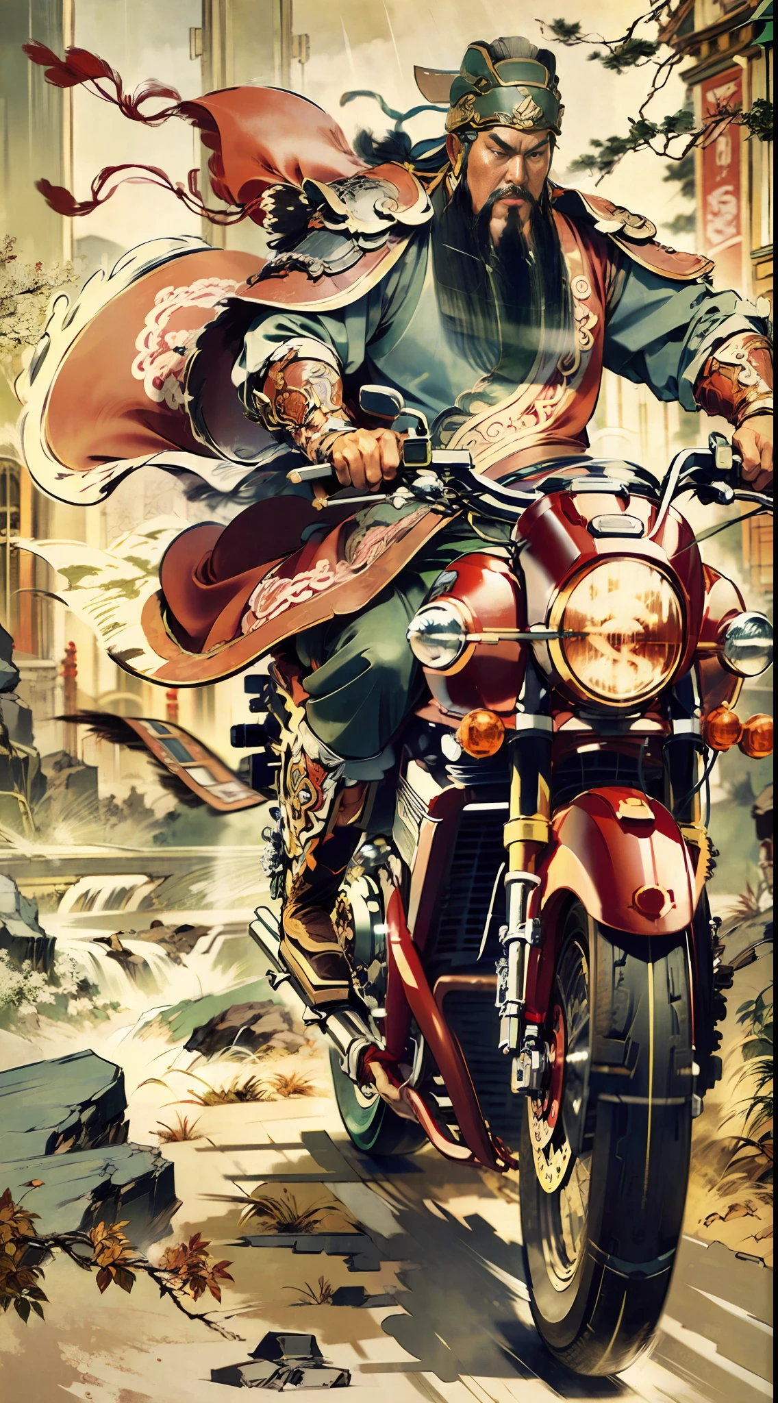 Comic style, HD quality, full body, perfect face, (eyes), Guan Yu, riding a red motorcycle, motorcycle,