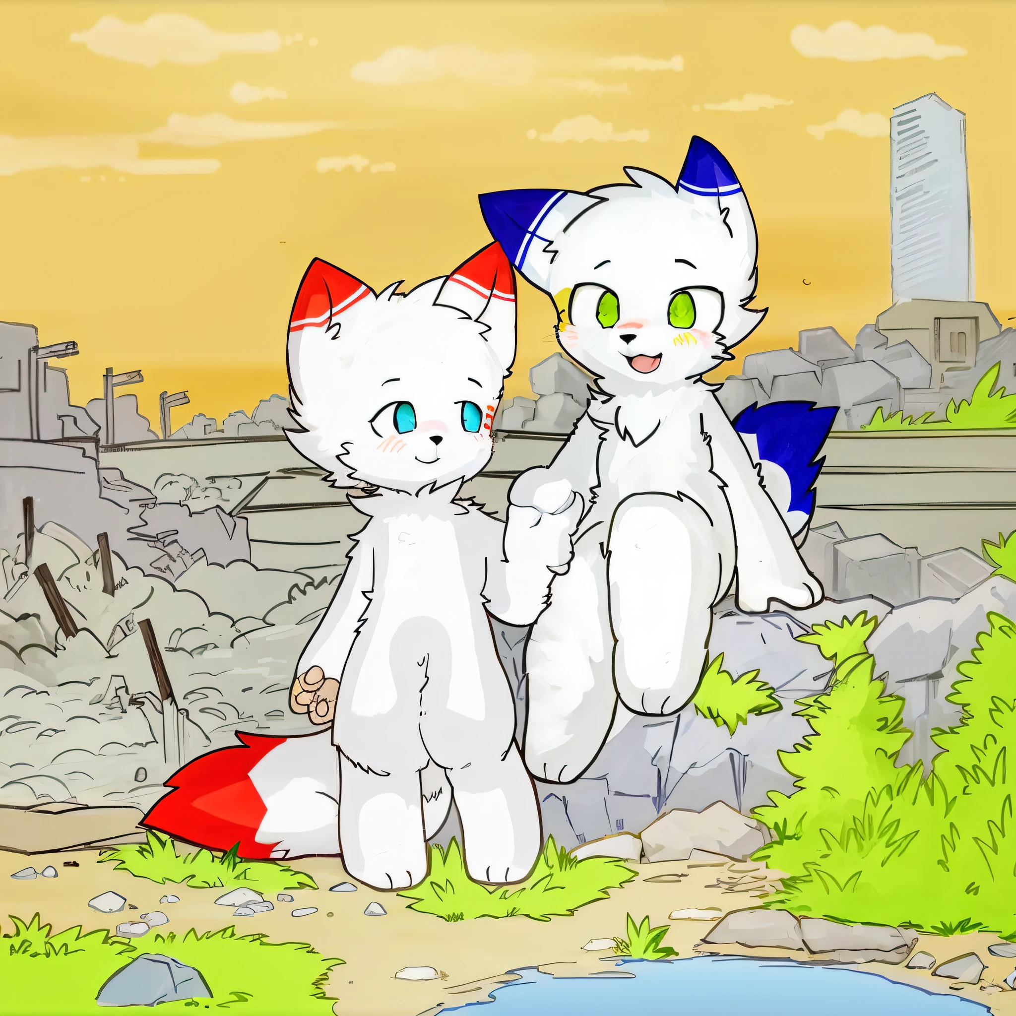Cartoon of two white foxes standing side by side on the field, furry tails, furry anime, furry art!, very, very beautiful furry art, frafini committee, fsorna art, pov furry art, monet and da vinci art style, furry digital art, anime style, professional furry painting