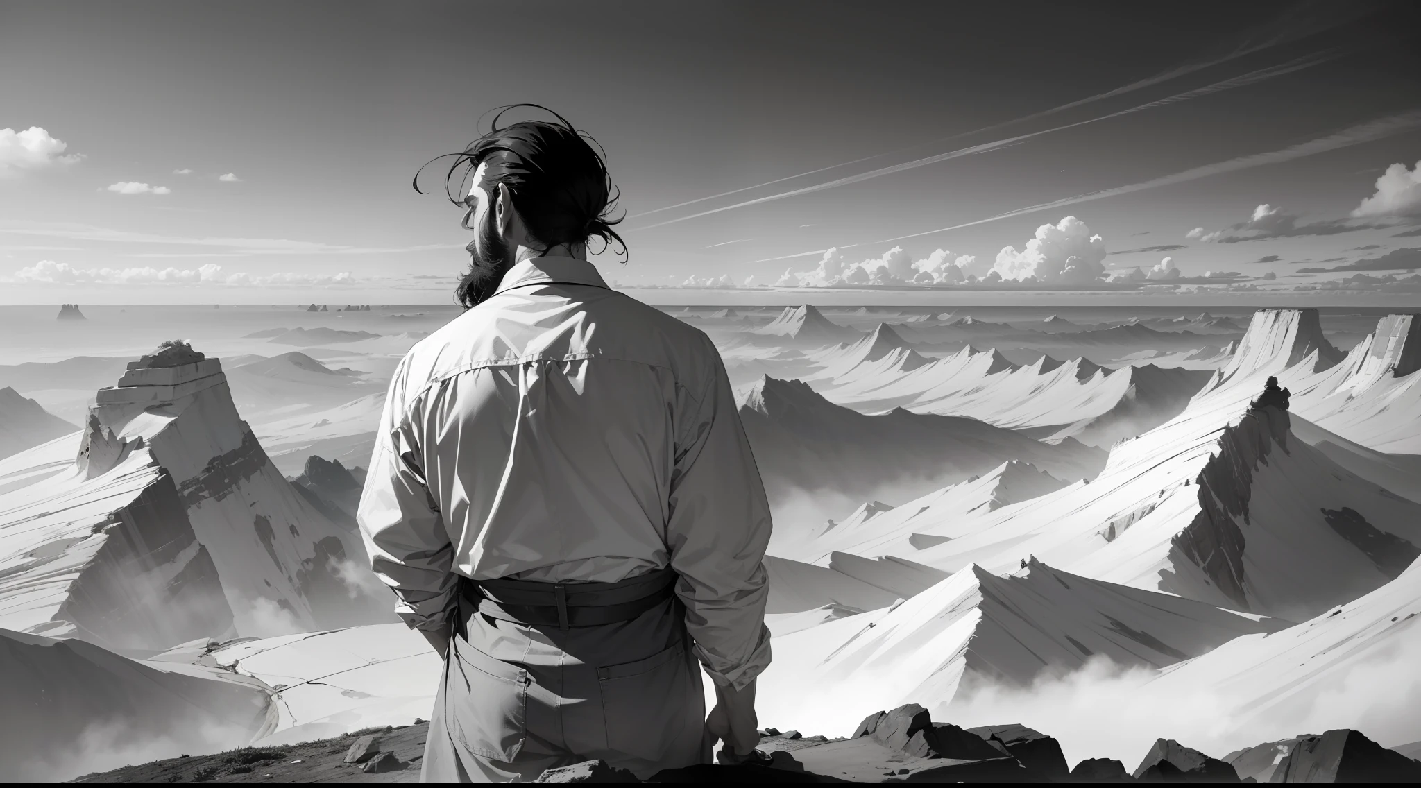 A bearded man standing on the edge of a precipice, turned on his back, gazing at the horizon, lost in thought. Black and white color image