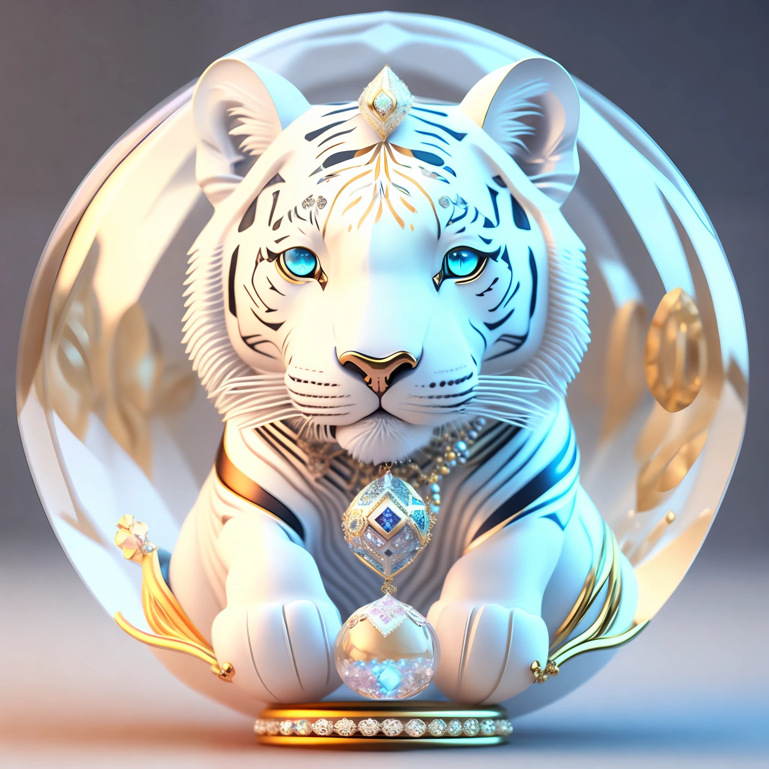 A cute crystal ball zodiac white tiger embellished with various jewelry ornaments and a low-poly design for the eyes, is a highly detailed and complex concept art craft using Artstation 8k quality.
