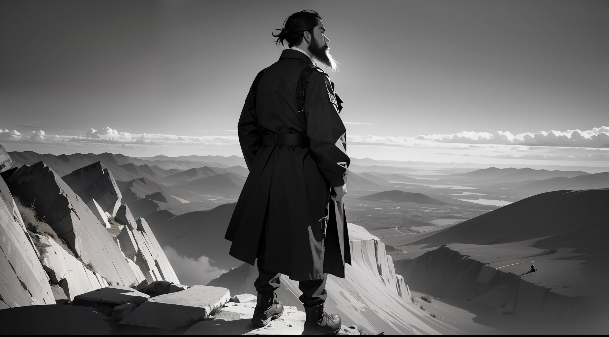 A bearded man standing on the edge of a precipice, turned on his back, gazing at the horizon, lost in thought. Black and white color image