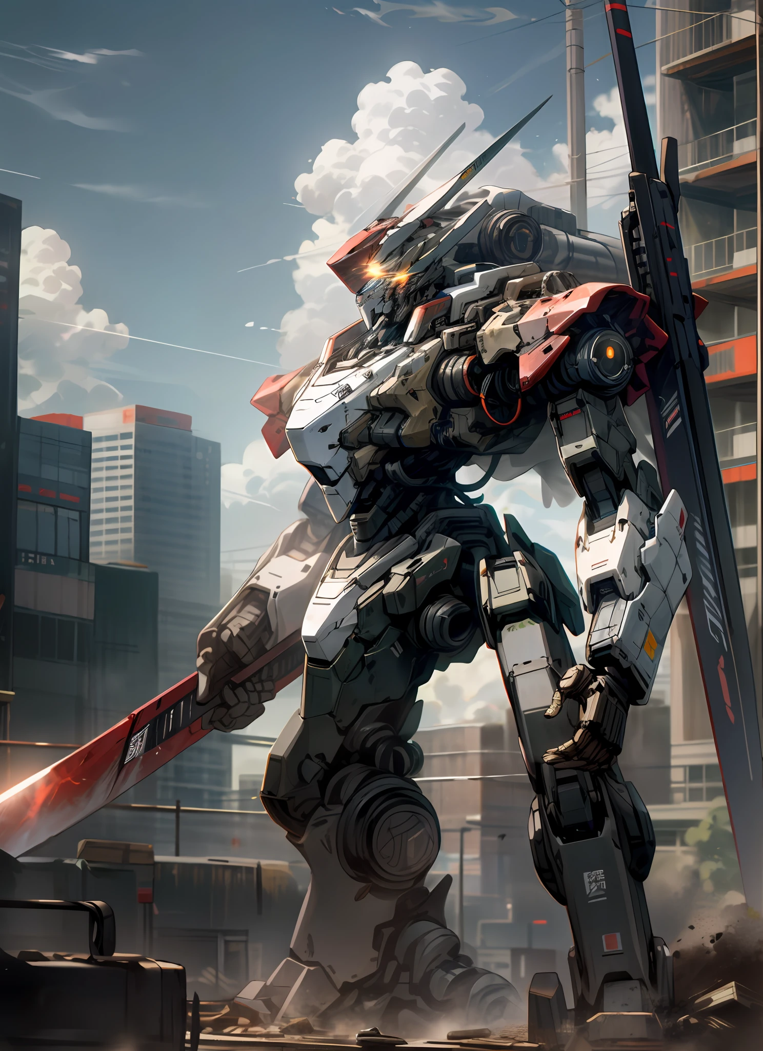 sky, cloud, holding_weapon, no_humans, glowing, , robot, building, glowing_eyes, mecha, science_fiction, city, realistic,mecha