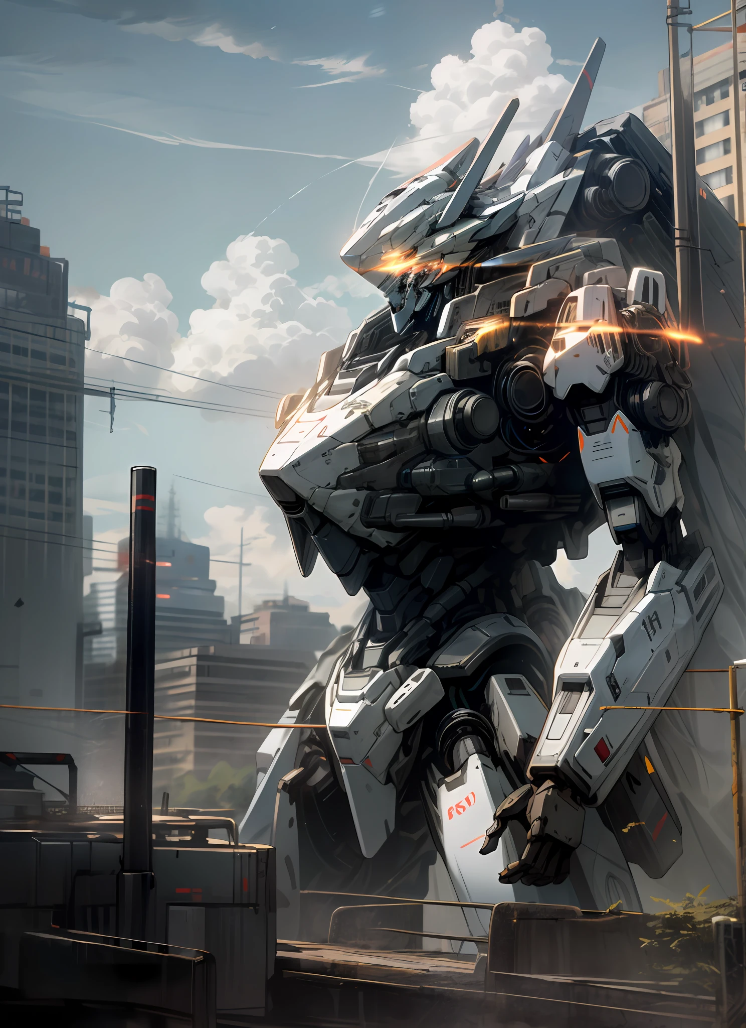 sky, cloud, holding_weapon, no_humans, glowing, , robot, building, glowing_eyes, mecha, science_fiction, city, realistic,mecha