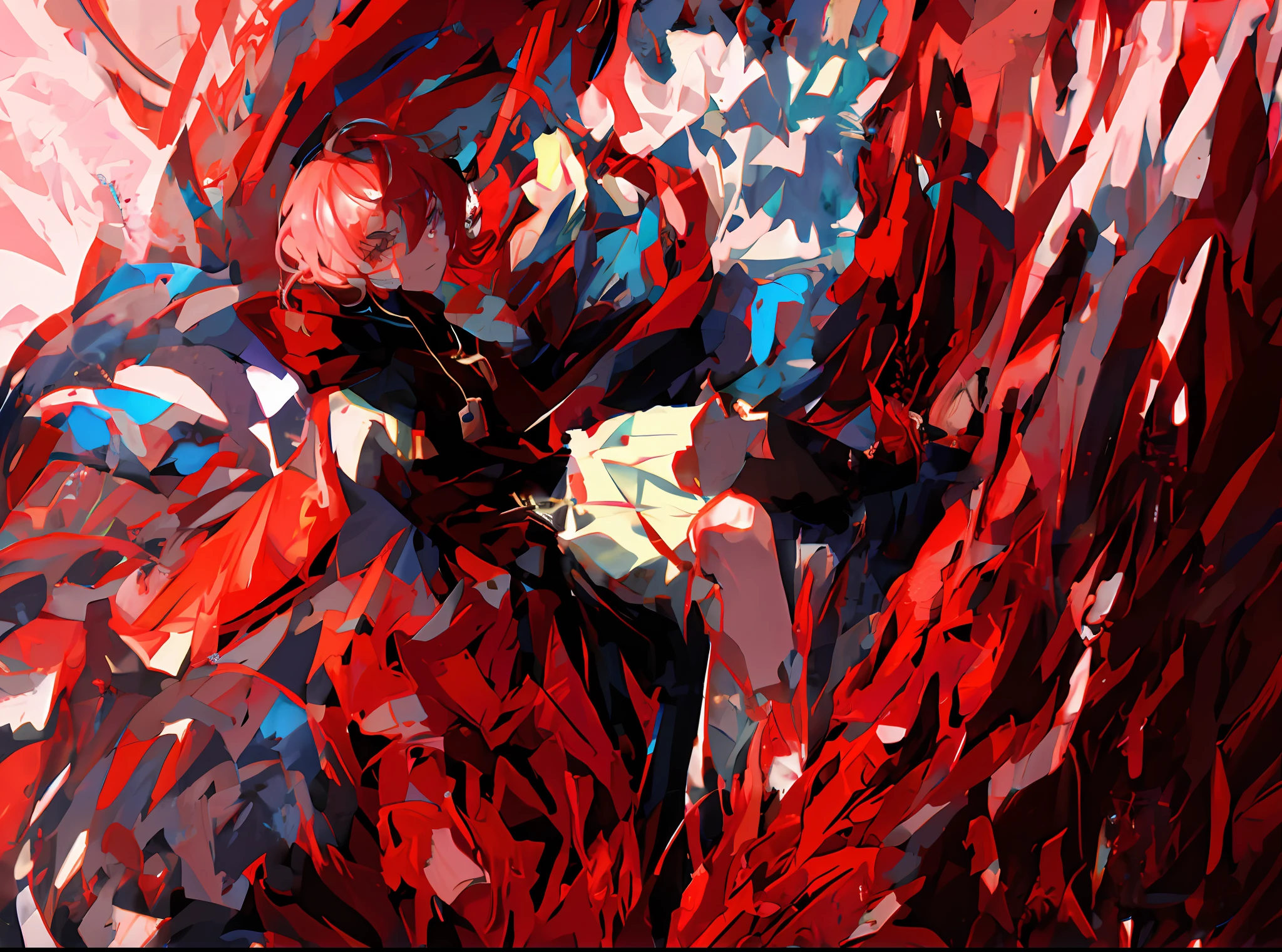 Crimson wings, crimson hair, eyes wrapped in gauze, wearing black clothes with a red coat, blue pendant, gauze stained with blood, realistic, brushstrokes