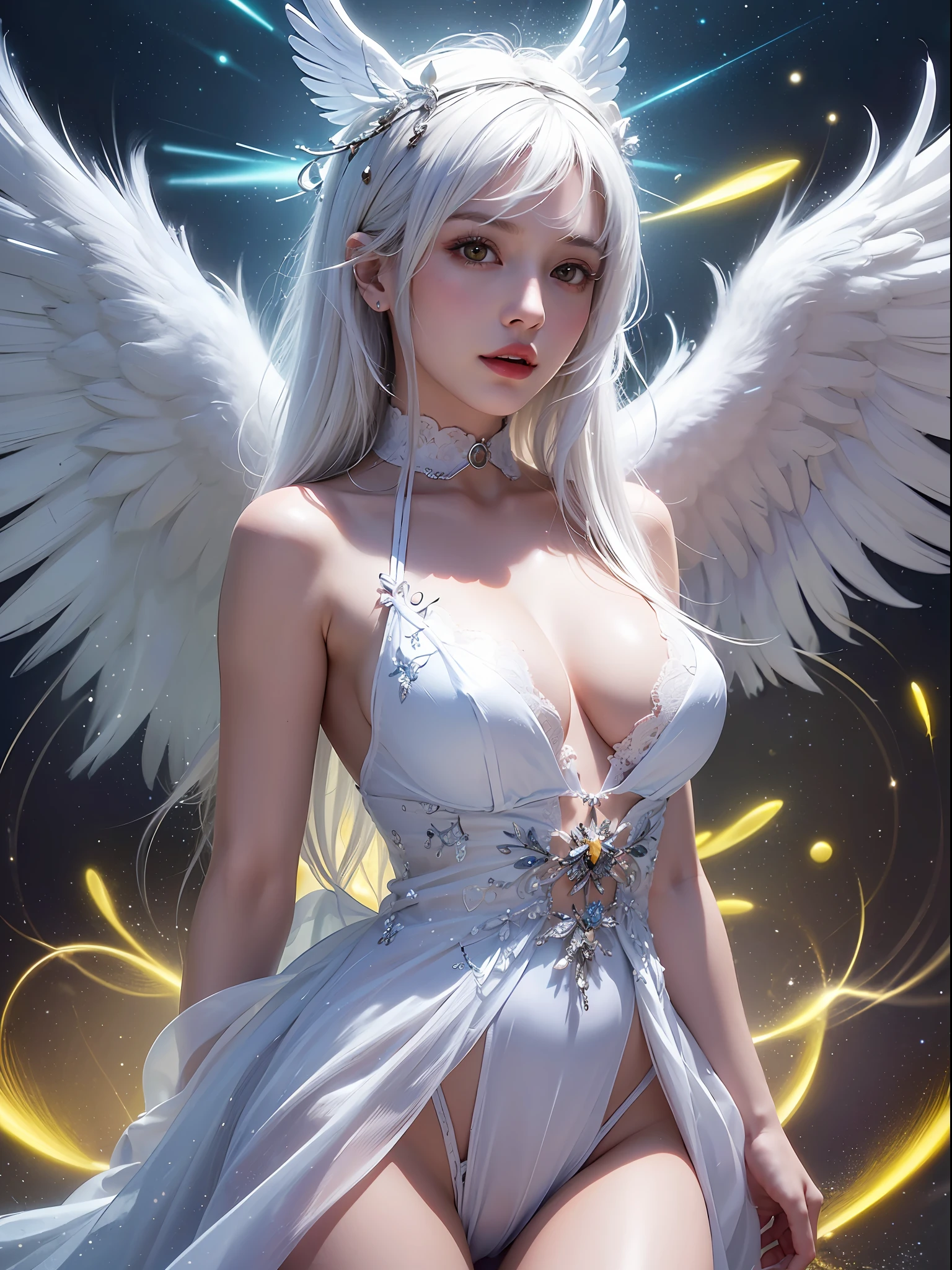 (masterpiece, best quality:1.3), (ultra-detailed:1.3), 1girl, solo, (white hair, messy hair, long hair), (angel wings, angel halo), yellow eyes, cowboy shot, cinematic lighting, (((glowing light particles))), (arms behind back), dynamic angle,large breasts,Gorgeous dress, extreme detail, gems on the chest,phcrystal,
