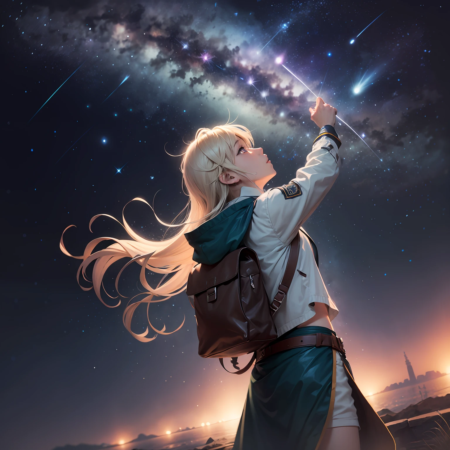 Starry sky shooting stars across the sky at night, an anime character looks up at the starry sky --auto