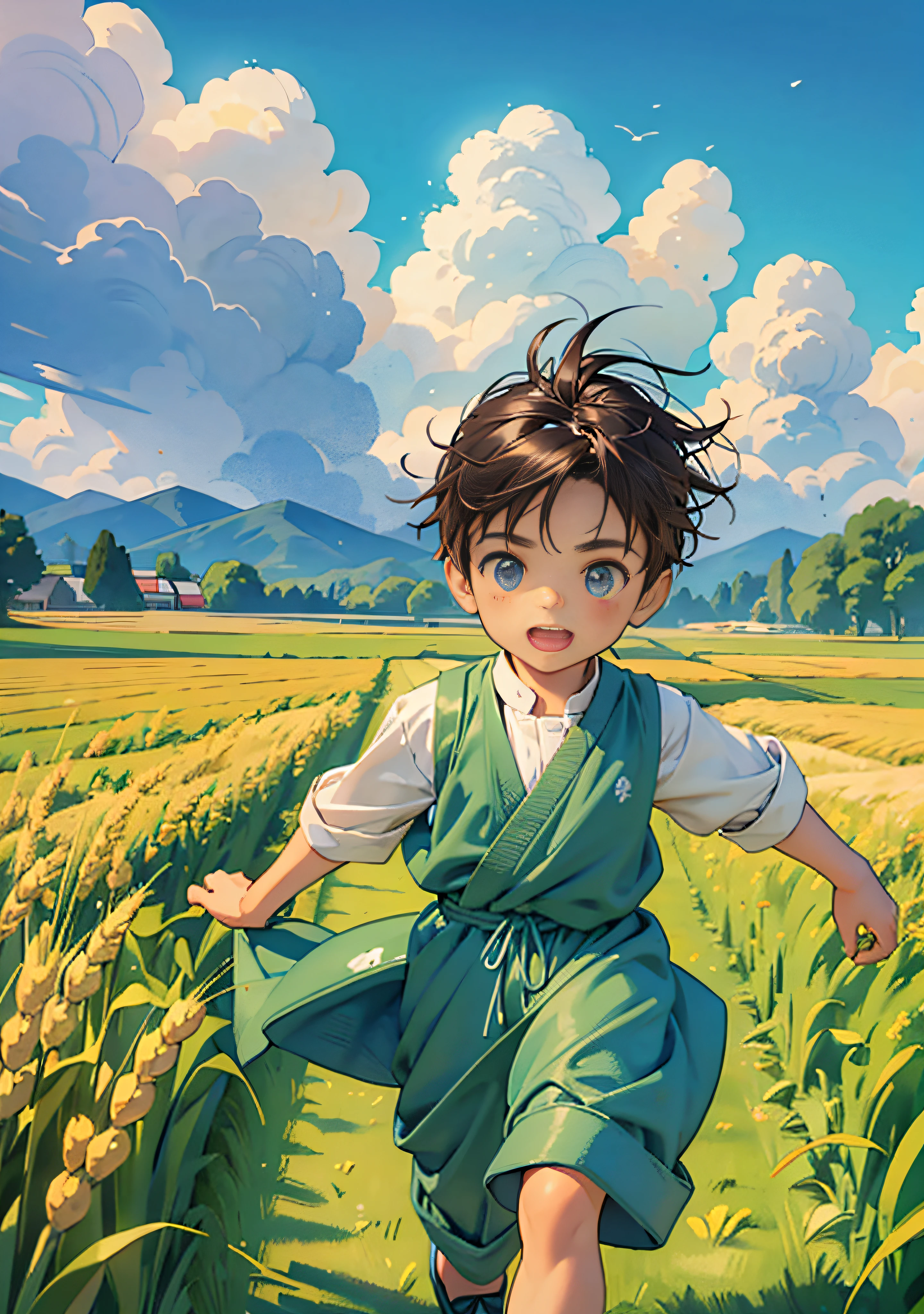 Cute ********** in wheat field, cartoon style 3 dende, short hair, green wheat field, running to the audience, green wheat all around, close to wheat, facing the audience, blue sky in the distance, soft colors, fine luster, OC rendering of the highest quality, 4K, super detailed