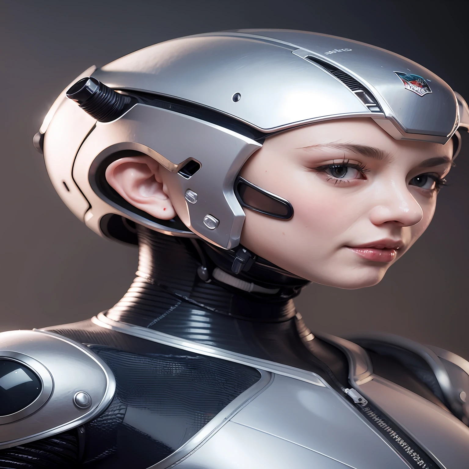 Complex 3d rendering very detailed beautiful ceramic silhouette female robot face, space, robot, robot parts, 150 mm, beautiful studio soft light, edge light, vibrant details, luxurious cyberpunk, lace, surrealism, anatomy, facial muscles, cable wire, microchip, elegant, beautiful background, octane rendering, HR Giger style, 8k, best quality, masterpiece, illustration, very refined and beautiful, very detailed, CG, unified, wallpaper, (realism, Realism: 1.37), amazing, fine details, masterpiece, best quality, official art, very detailed CG unified 8k wallpaper, ridiculous, incredibly ridiculous, robot, silver helmet, full body