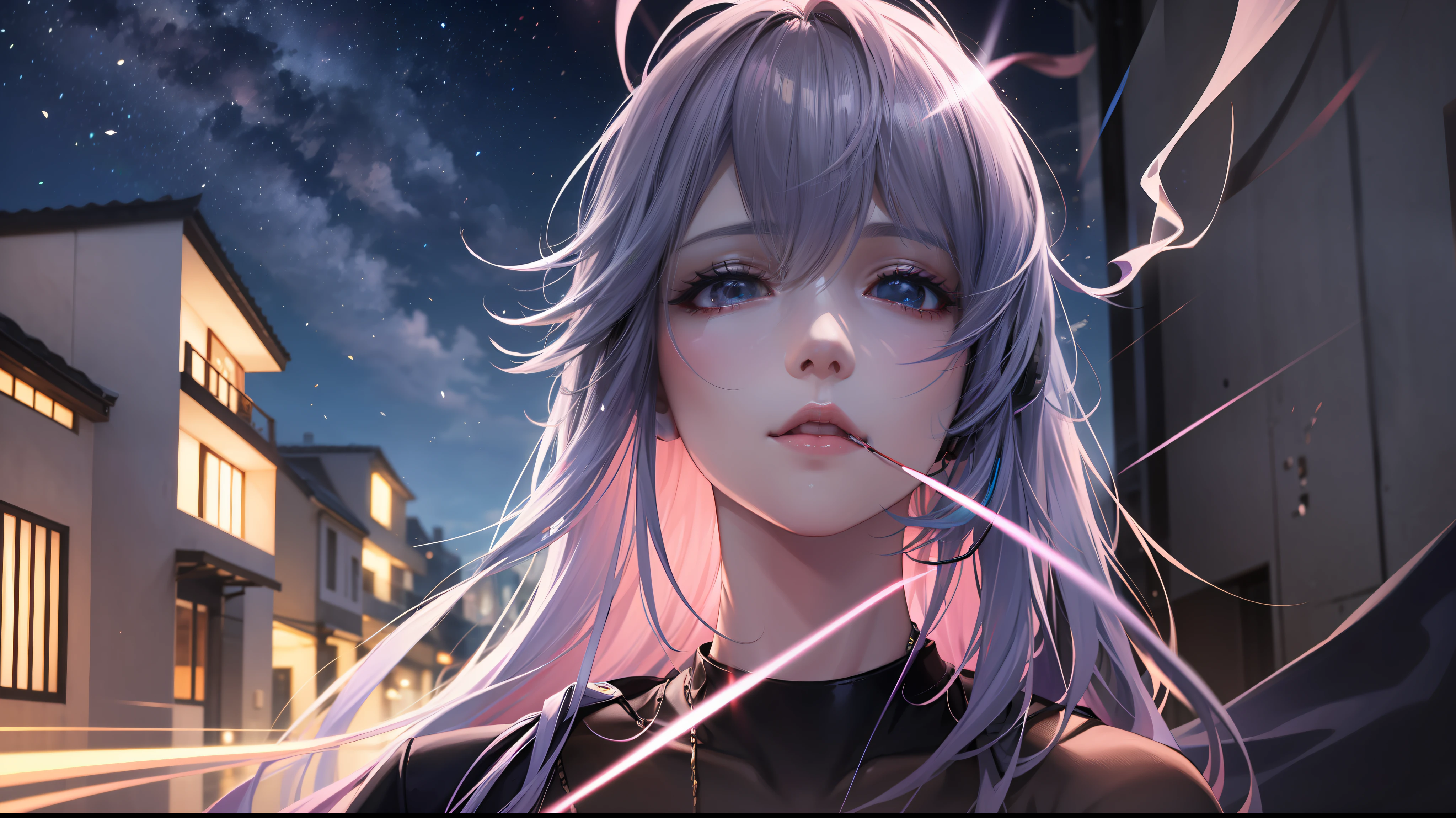 Woman with peace sense headset, closed eyes, beautiful face, RGB colors, bright purple hair, anime, bright background, banner for youtube video, happy girl, clouds with RGB colors, bright RGB colors.