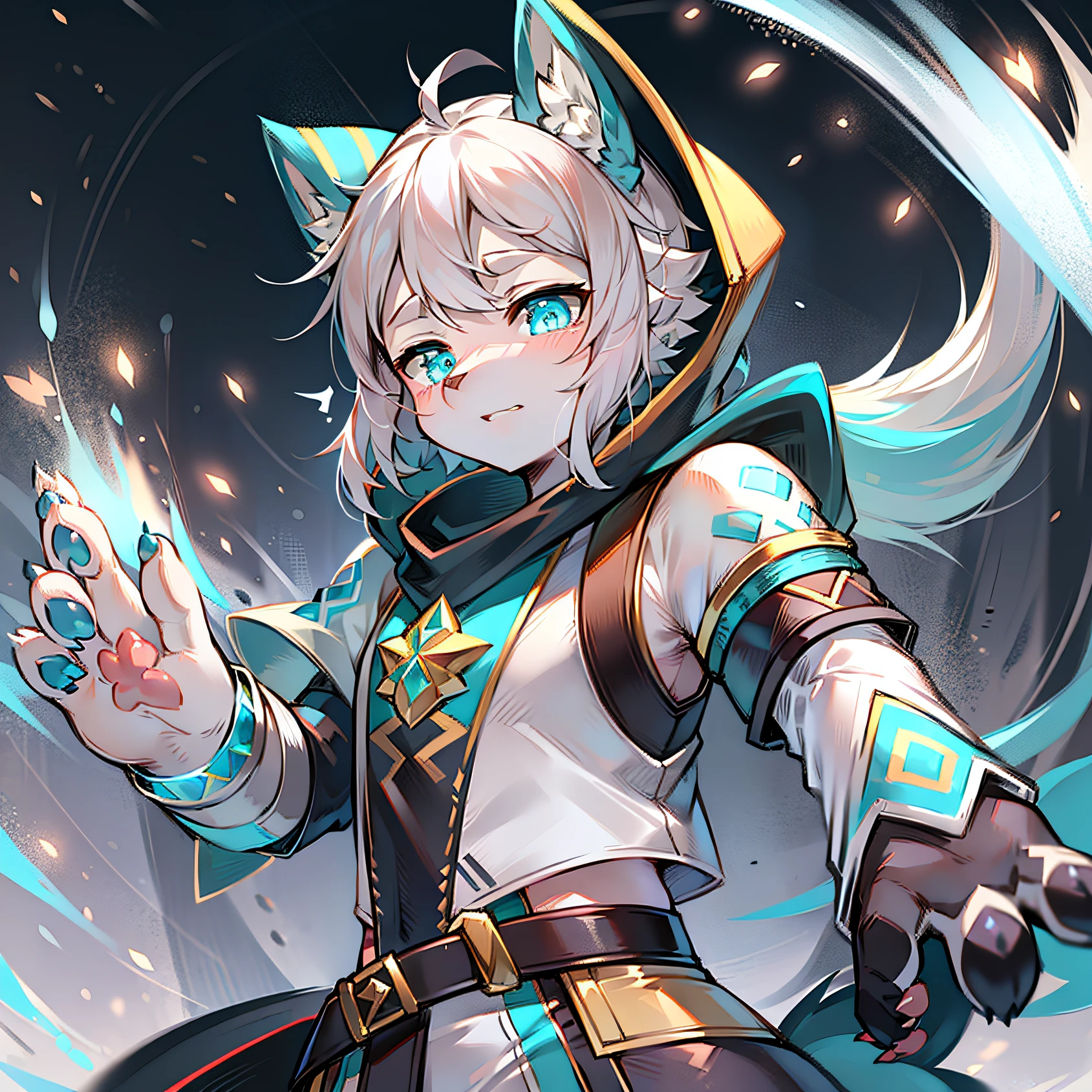 Masterpiece, best quality, highly detailed, Samoyedskaya, human, furry, canine, (furry), (clear cyan eyes), white hair, white dog tail, dog paws, (((black sleeves))), white short sleeves with hood, white cropped pants, swirling wind, control ice, outdoors, (((ice)), floating particles, ethereal power, whirlwind video game Genshin Impact, Genshin Impact style