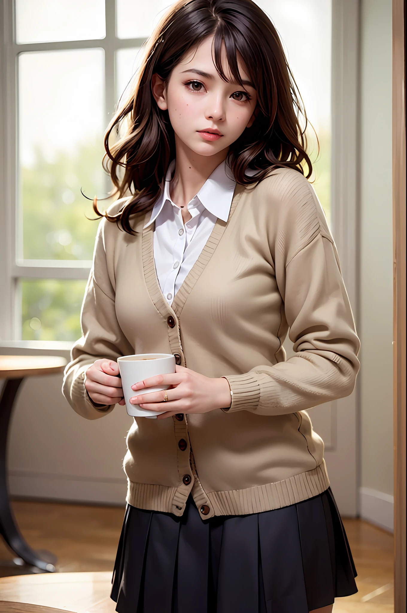 (Masterpiece: 1.3), (8k, Photorealistic, RAW Photo, Best Quality: 1.4), (1girl), Shallow depth of field, Face in focus, Soft Focus, Beautiful Face, (Backlit: 1.5), (Ambient: 1.3), (Realistic Face), (Black Hair, Medium Short: 1.3), Loose Wavy Hair, Short Bangs, Realistic Eyes, Dark brown eyes, highlights in pupils, beautiful detail eyes, (plenty of natural light), (realistic skin), beautiful skin, cardigan, (blouse with white collar), (flared skirt), (pumps), watch, small handbag, absurd, attractive, ultra high resolution, ultra realistic, high definition, golden ratio, detailed dining café background, computer on table, Holding a coffee tumbler in hand, the light from the back window is backlit, the light is pale skylight with natural light, and the natural light lighting from diagonally in front of the face