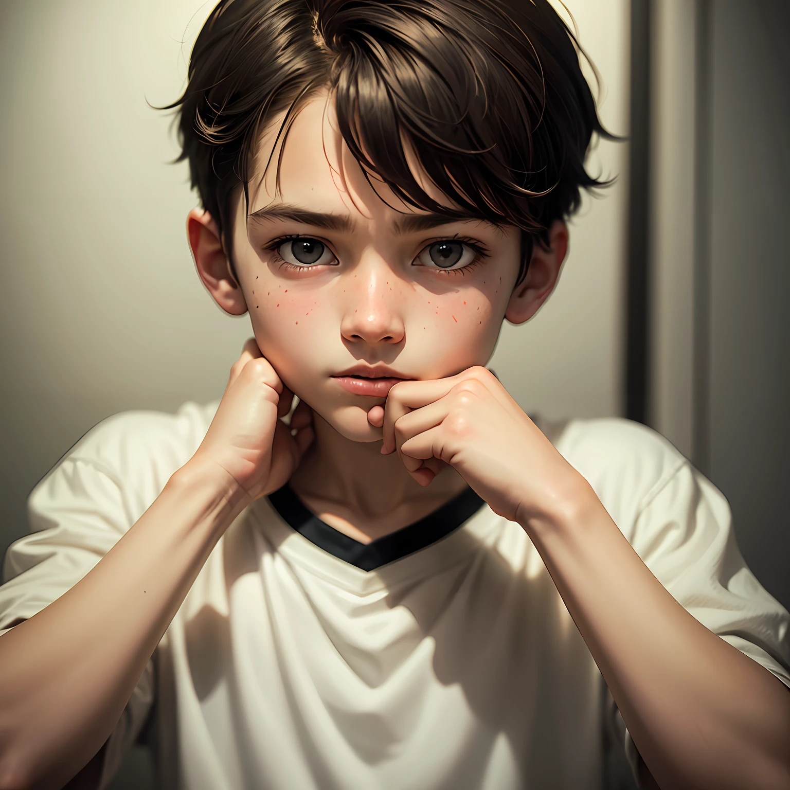 boy. . white. High definition. hand on chin. --auto