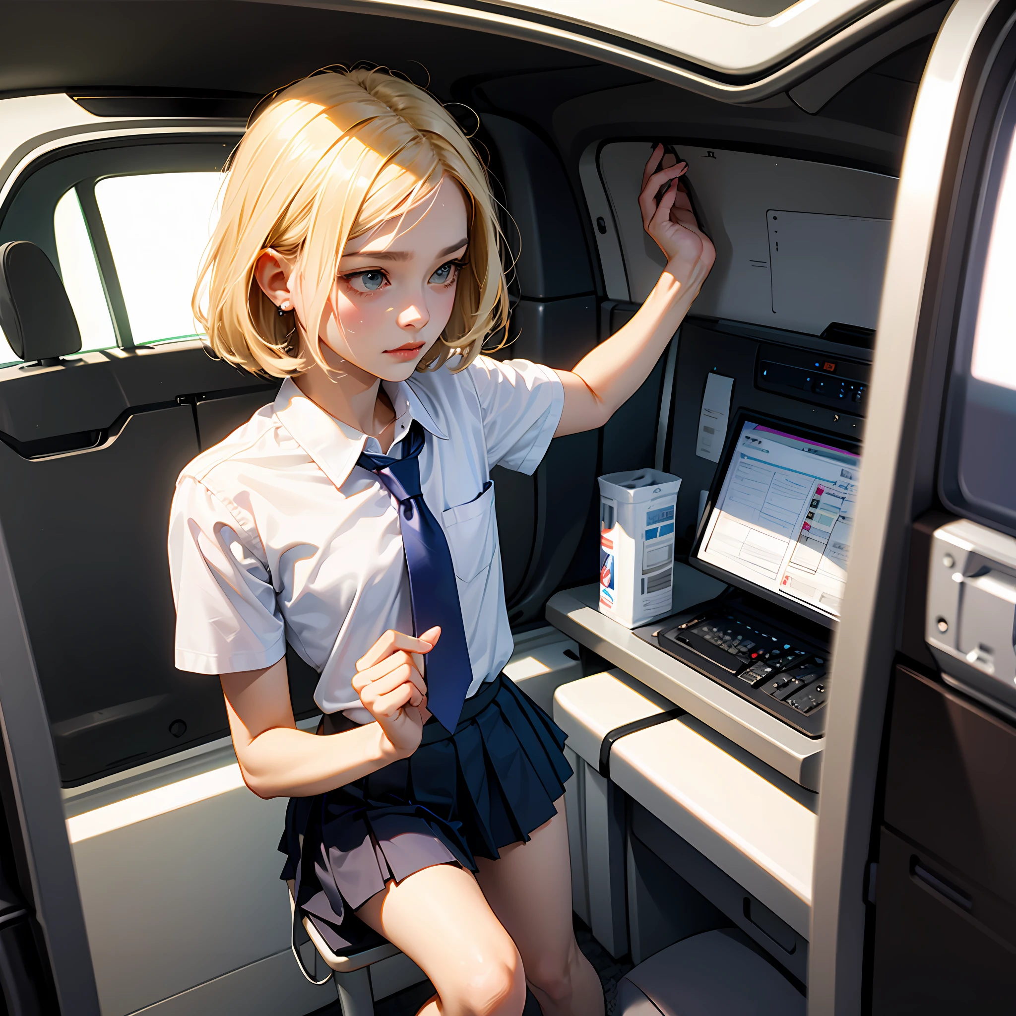 blonde, short cut, gal, brown skin, school girl, uniform, white shirt, small, cross-dressing, tie, big --auto
