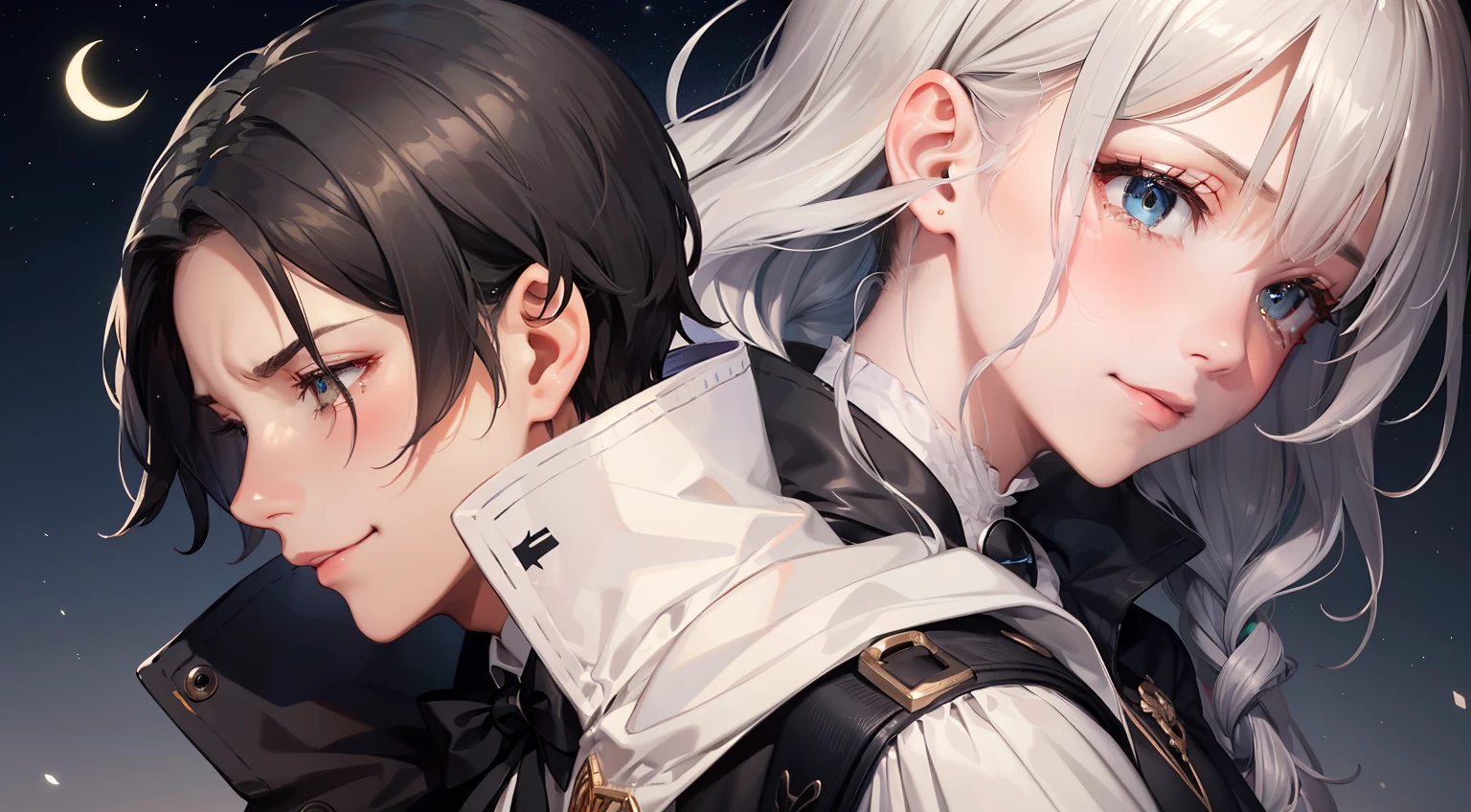 Two sad couples, twin, girl, boy, gentleman smiling sadly, black hair, formal, cape, white suit, black cloak, woman in white dress hugging gentleman, profile, sad girl looking at the sky with tears, lonely, sad smile, melancholy expression, from the side, desert, silver hair, desire not to go