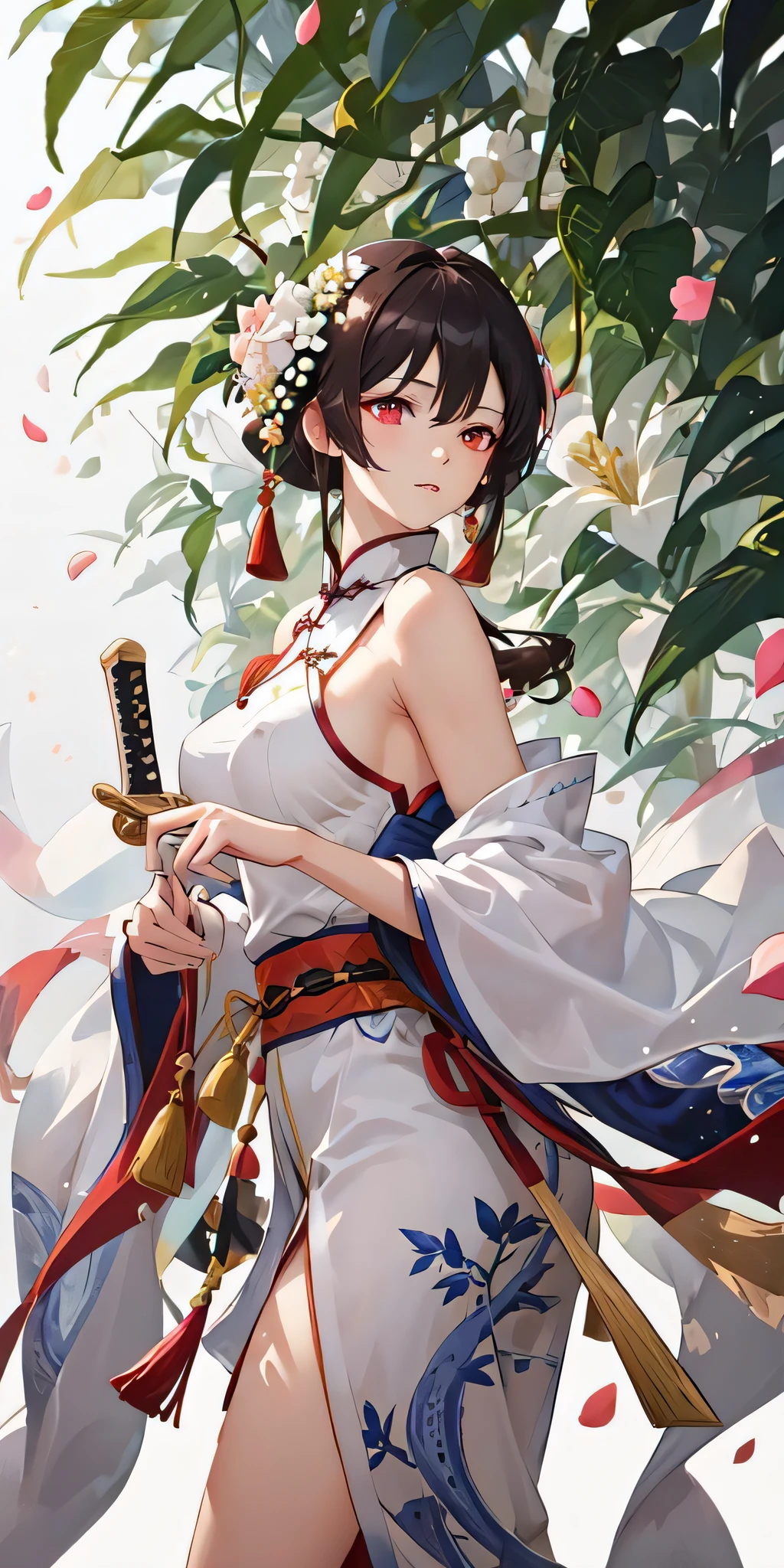 (masterpiece:1.3),intricate, (best quality:1.1), ((1girl)), ((solo)), (red eyes:1.4), (finely detailed eyes and detailed face:1.3), (beautiful and clear background:1.2), (extremely detailed CG, ultra-detailed, best shadow:1.1), ((depth of field)), ((watercolor)), ((bamboo forest)),(rich background),(goddess:1.5), (Chinese style),(Han Chinese Clothing:1.3),(Swordsman: 1.3),(swordsman:1.5),large breasts, bare shoulders,flowers,(petals), beautiful concept illustration, (white background:0.5), (illustration:1.1), (extremely fine and beautiful:1.1), (perfect details:1.1), from side, cowboy shot,(red:0.4,blue0.3,green:0.7)