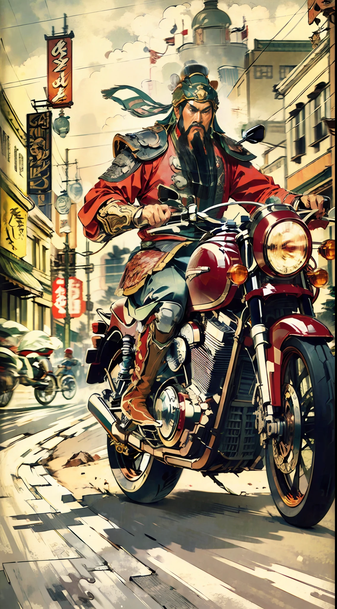 Comic style, HD quality, full body, perfect face, (eyes), Guan Yu, riding a red motorcycle, motorcycle,