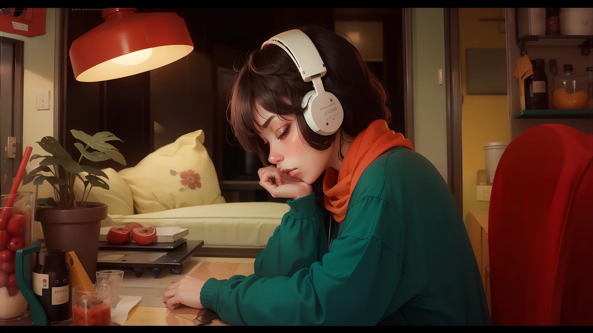 Lofi gerl Brazilian brunette curly hair, variations of arm poses