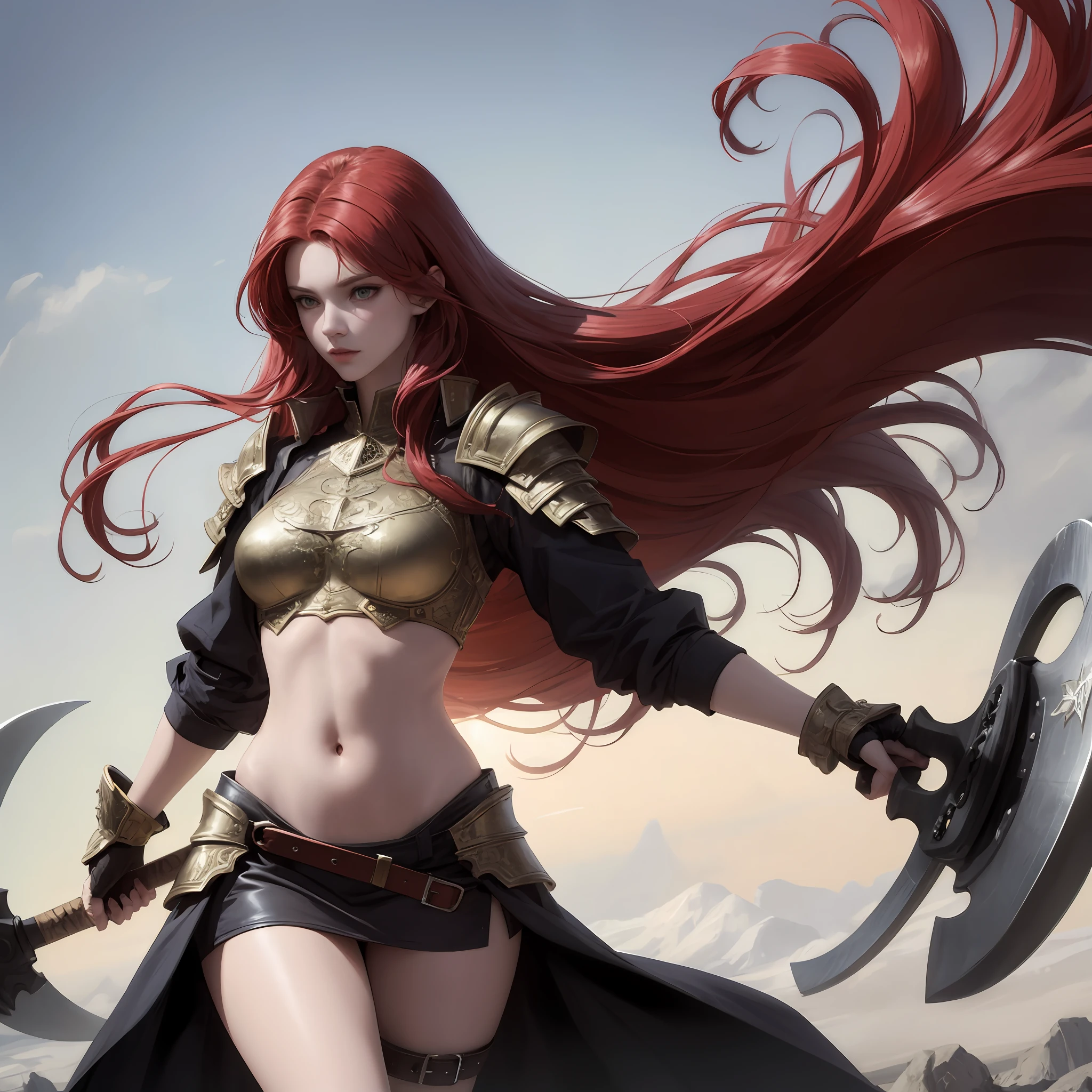 Red hair, long hair, armor, belly button, skirt, battle axe, big, tall --auto