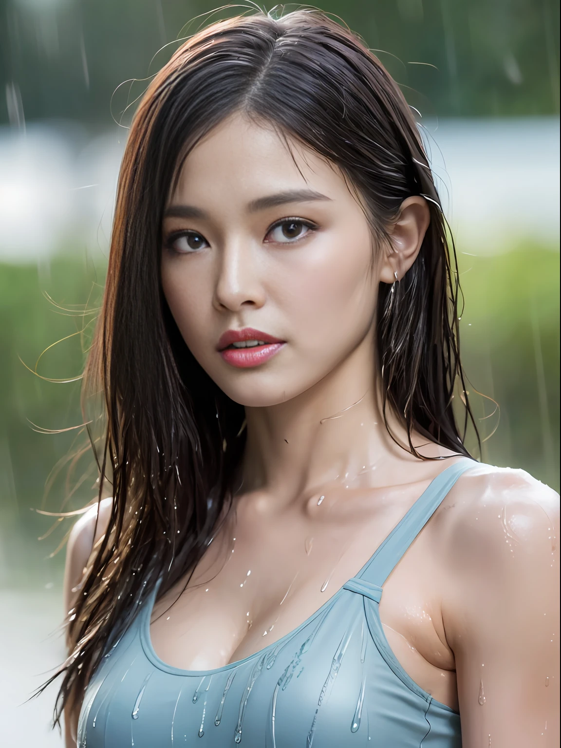 (Best quality, 4k, Masterpiece :1.3), pretty woman, 1girl, (breasts, attractive body :1.2), abs :1.1, dark brown hair: 1.1, (rainy wet, wet from rain, wet body :1.2), ultra-detailed face, detailed lips, detailed eyes, double eyelid