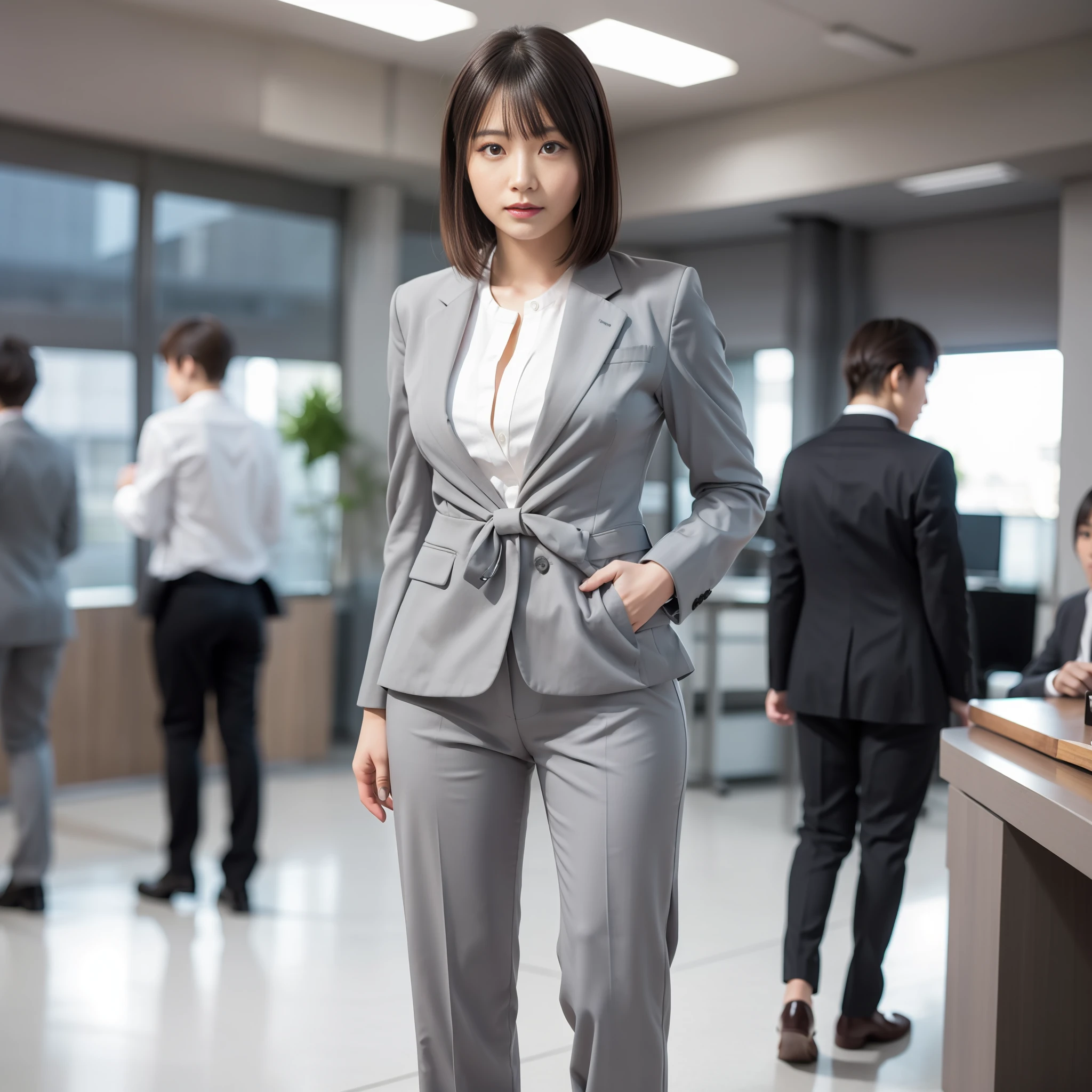 (Best Quality, 8k, 32k, Masterpiece, UHD: 1.2), 1 Girl, Beautiful Japan Woman, Thin Waist, Gray Suit, Open Jacket, Office Lady, Suit, Pants, From Back, Office, Turn, Office, Desk, (Stick Out Butt: 1.2), Fine Face, Brown Hair, Bob Hair, Saggy Eyes, Muscular, Slender, Full Body, Detailed Fingertips, One Woman, Solo, Cool Expression