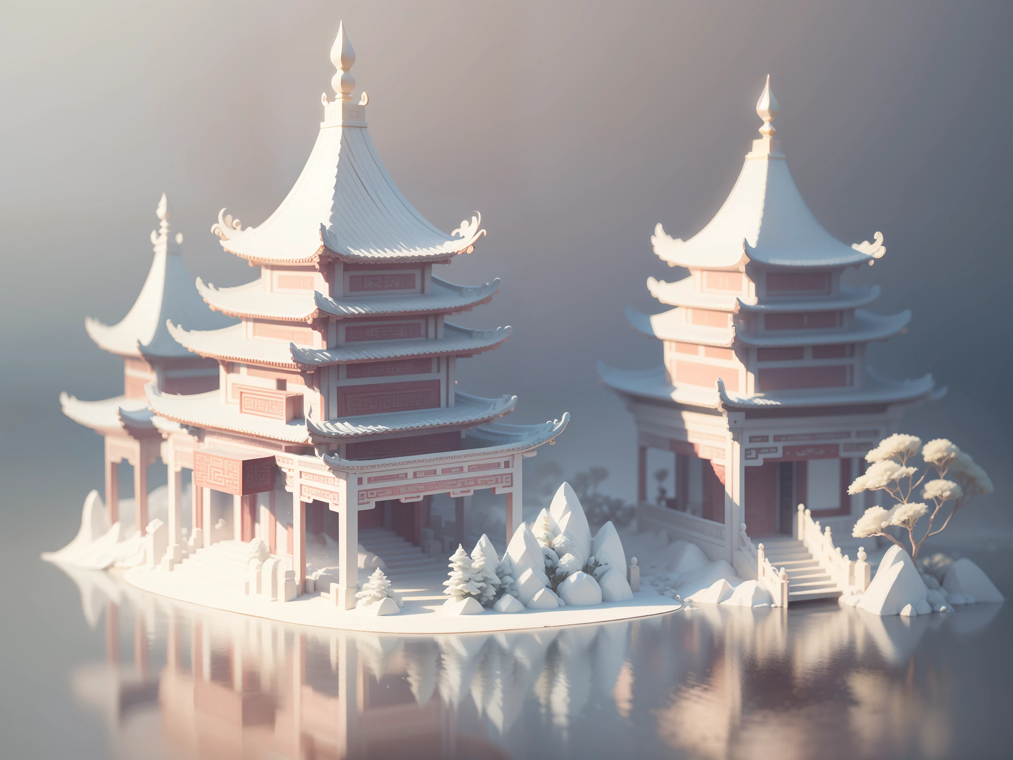 3D white relief, meticulously carved, white ivory carving, chinese illustration on white background, pastel, traditional chinese style, oriental landscape painting, multidimensional paper fog crafts, paper illustration, super wide angle view, dream, 8k, romantic, high resolution, 8k