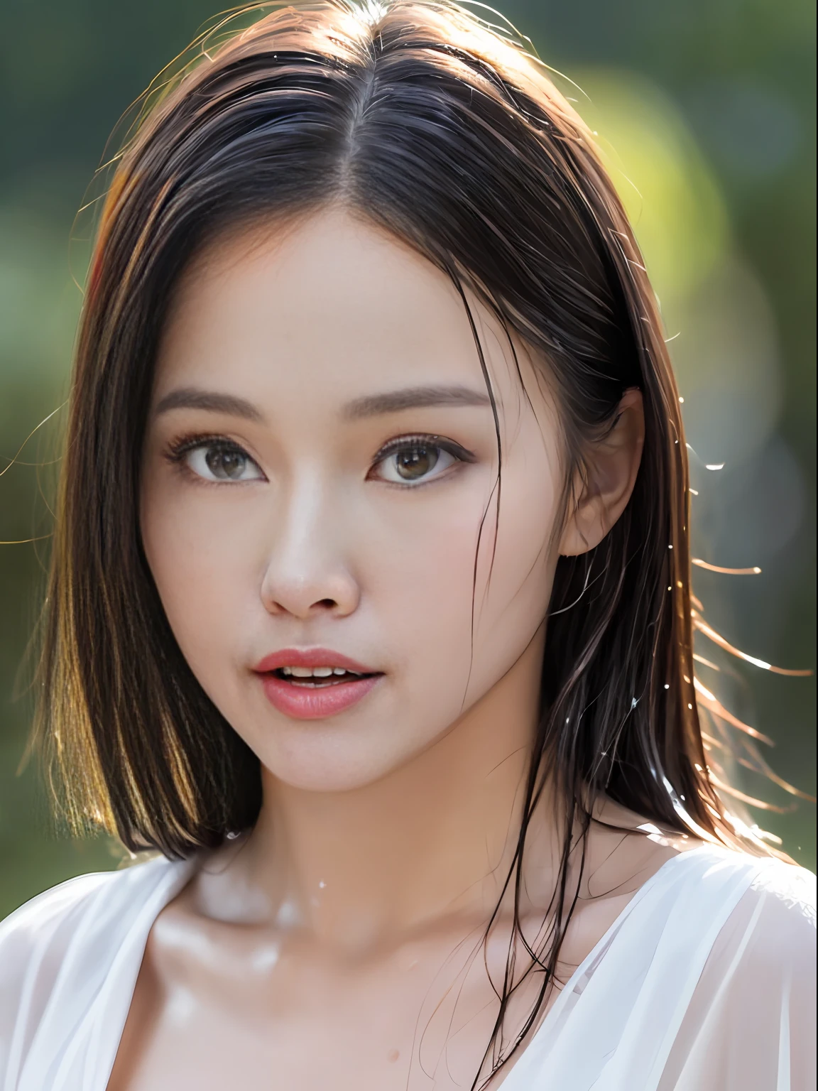 (Best quality, 4k, Masterpiece :1.3), pretty woman, 1girl, (breasts, attractive body :1.2), abs :1.1, dark brown hair: 1.1, (rainy wet, wet from rain, wet body :1.2), ultra-detailed face, detailed lips, detailed eyes, double eyelid