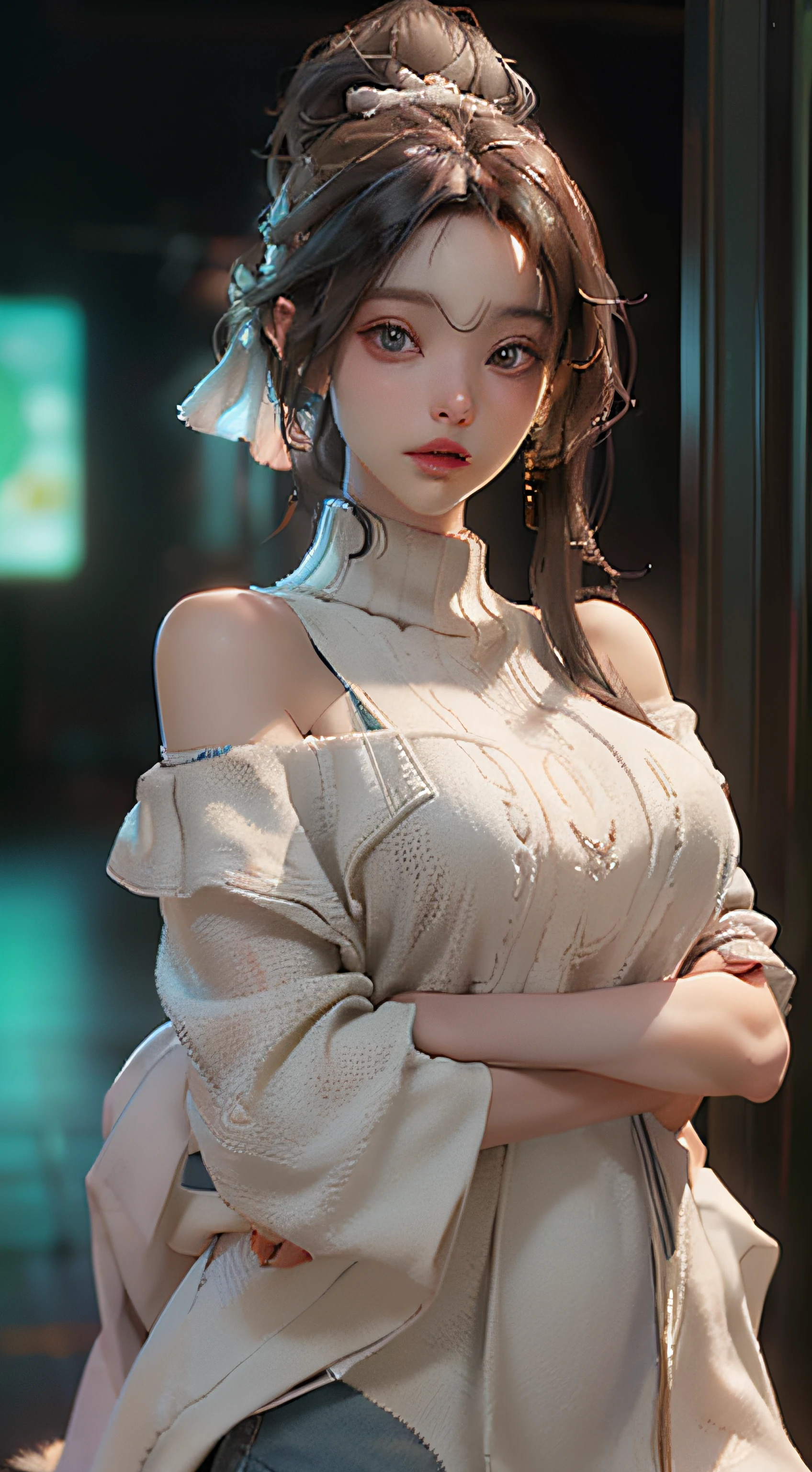 (Best Quality), ((Masterpiece), (Detail: 1.4), 3D, A Beautiful Cyberpunk Woman, HDR (High Dynamic Range), Ray Tracing, NVIDIA RTX, Super-Resolution, Unreal 5, Subsurface Scattering, PBR Textures, Post-Processing, Anisotropic Filtering, Depth of Field, Maximum Sharpness and Clarity, Multi-layer Textures, Albedo and Highlight Maps, Surface Shading, Precise simulation of light-material interactions, perfect proportions, Octane Render, two-color light, large aperture, low ISO, white balance, rule of thirds, 8K RAW, sweater, skinny, strangled, bare shoulders
