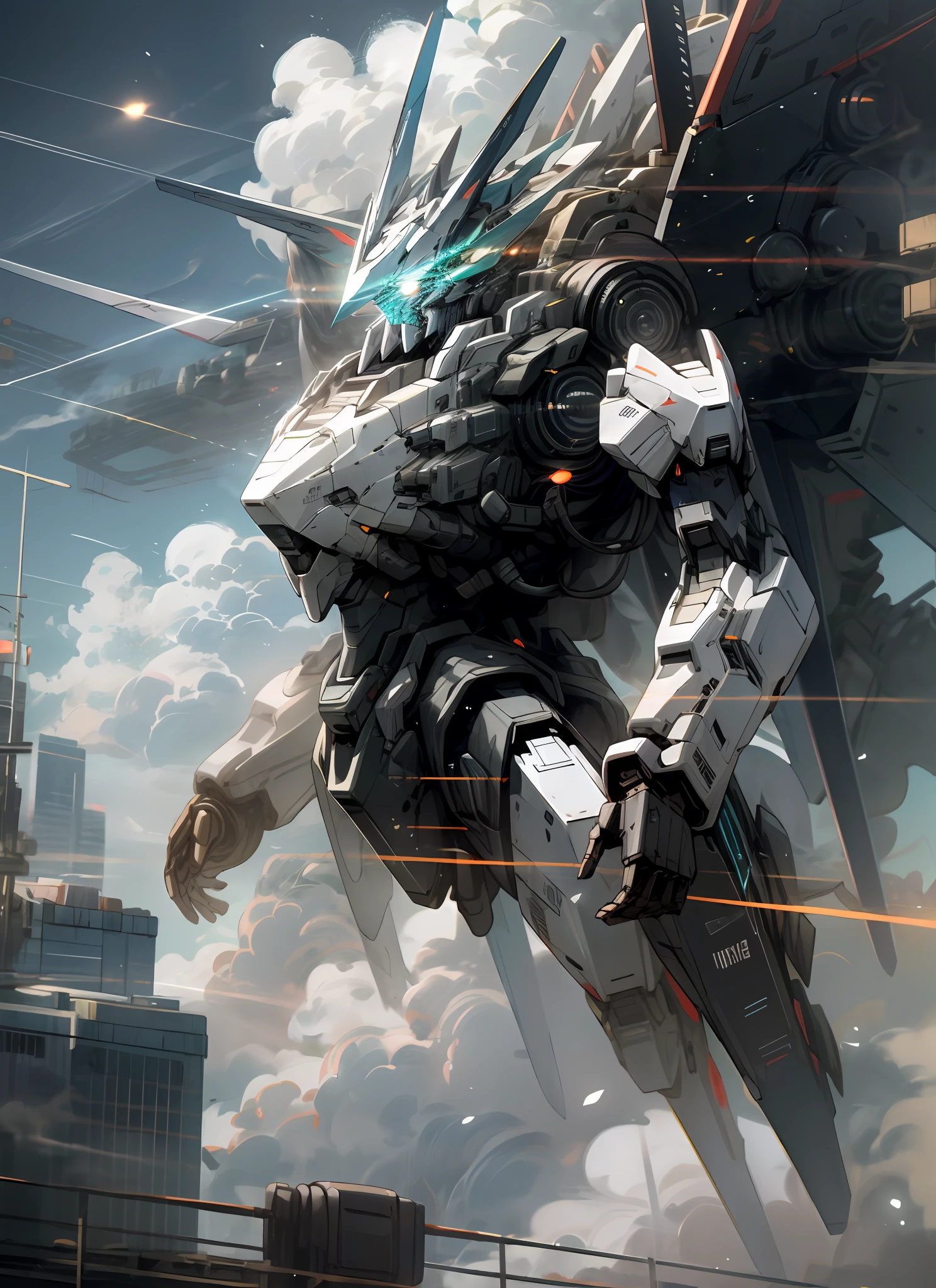 sky, clouds, holding_weapon, no_humans, glow, robot, architecture, glowing_eyes, mecha, science fiction, city, reality, mecha, flying,